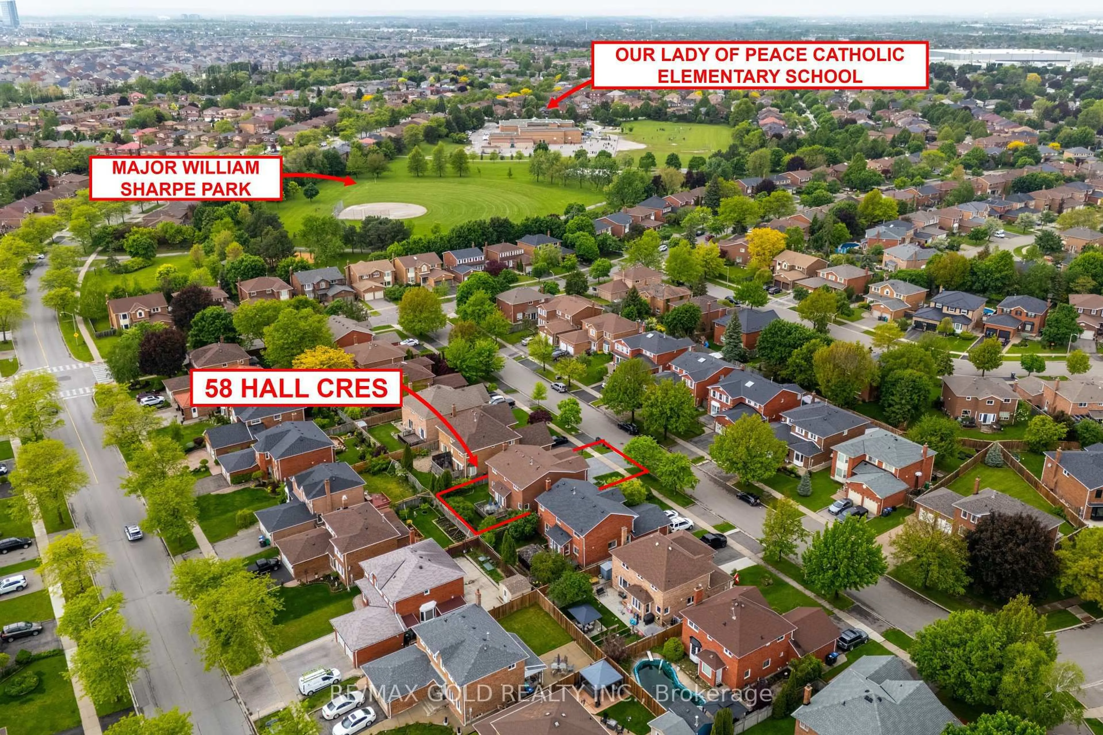 A pic from outside/outdoor area/front of a property/back of a property/a pic from drone, street for 58 Hall Cres, Brampton Ontario L6X 3J5