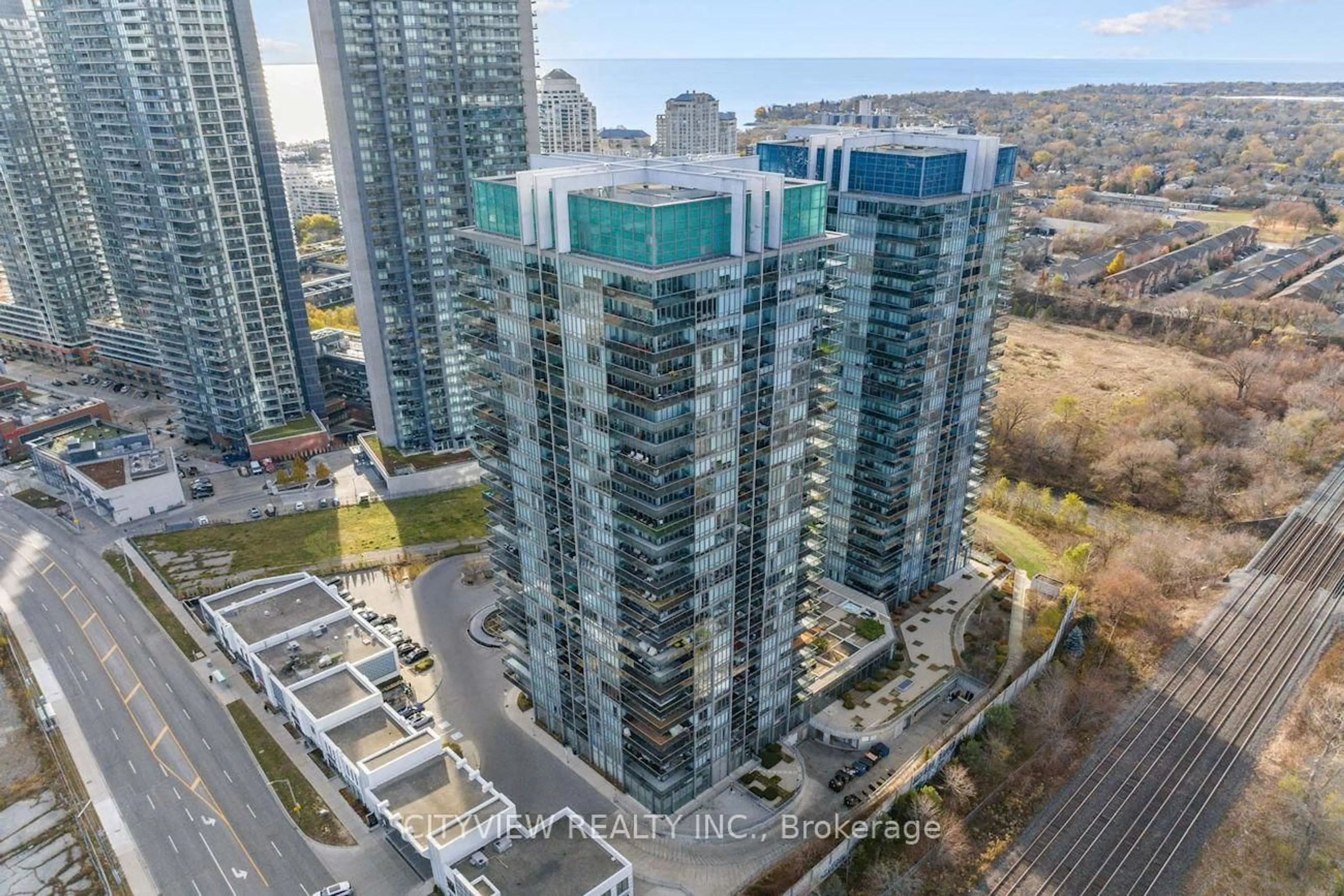 A pic from outside/outdoor area/front of a property/back of a property/a pic from drone, city buildings view from balcony for 90 Parklawn Rd #205, Toronto Ontario M8Y 3H8
