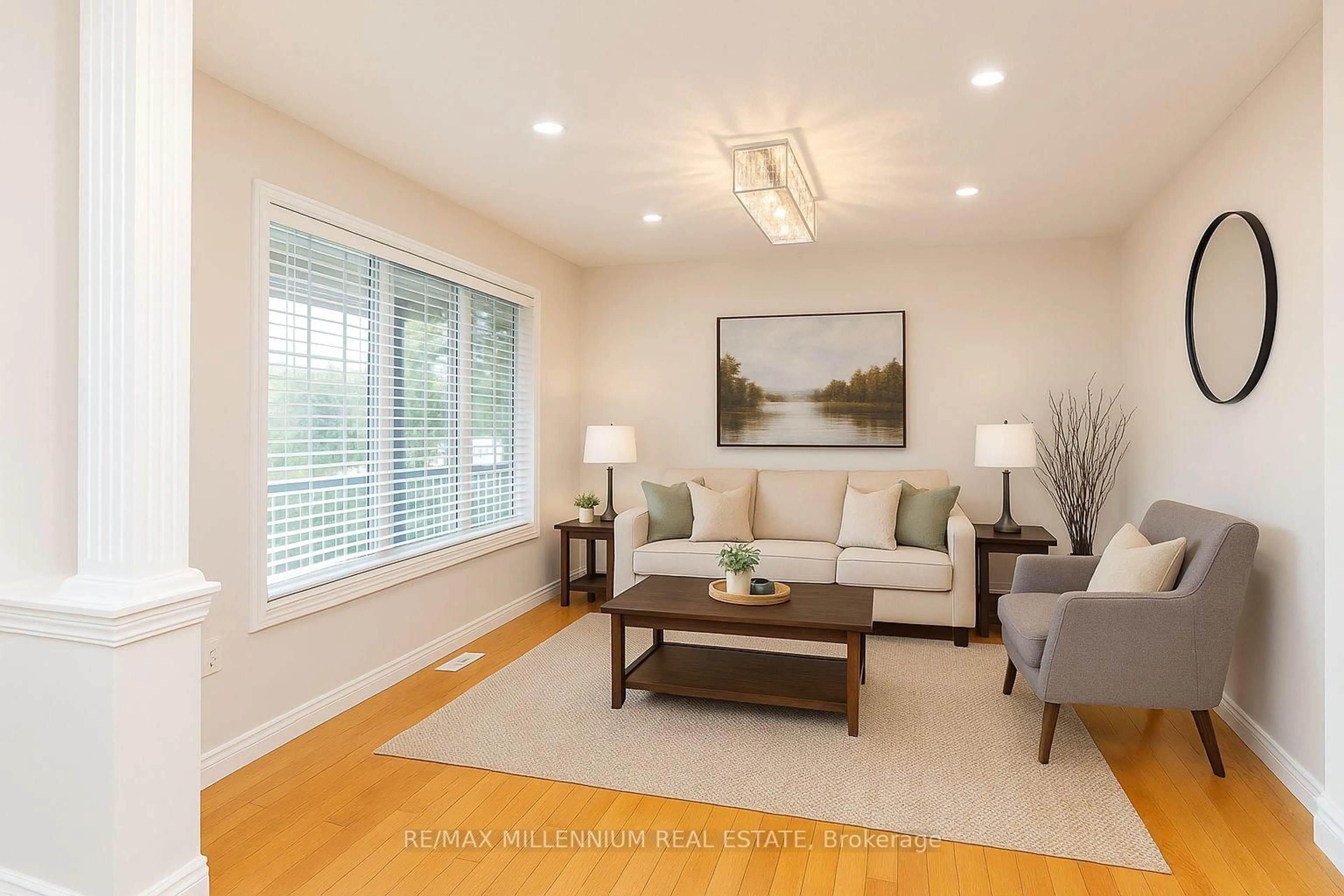 Living room with furniture, wood/laminate floor for 7 Graham Cres, Orangeville Ontario L9W 5J4