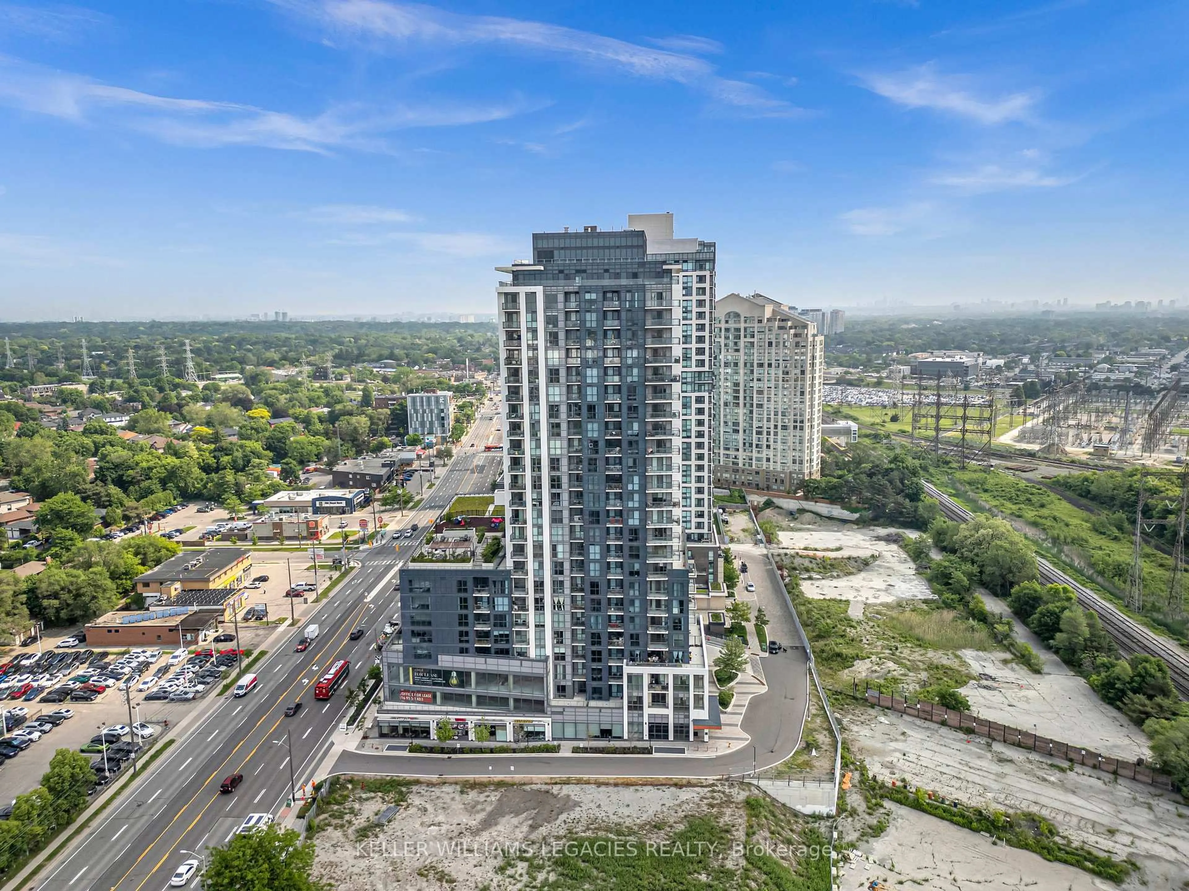 A pic from outside/outdoor area/front of a property/back of a property/a pic from drone, city buildings view from balcony for 50 Thomas Riley Rd #720, Toronto Ontario M9B 0C5