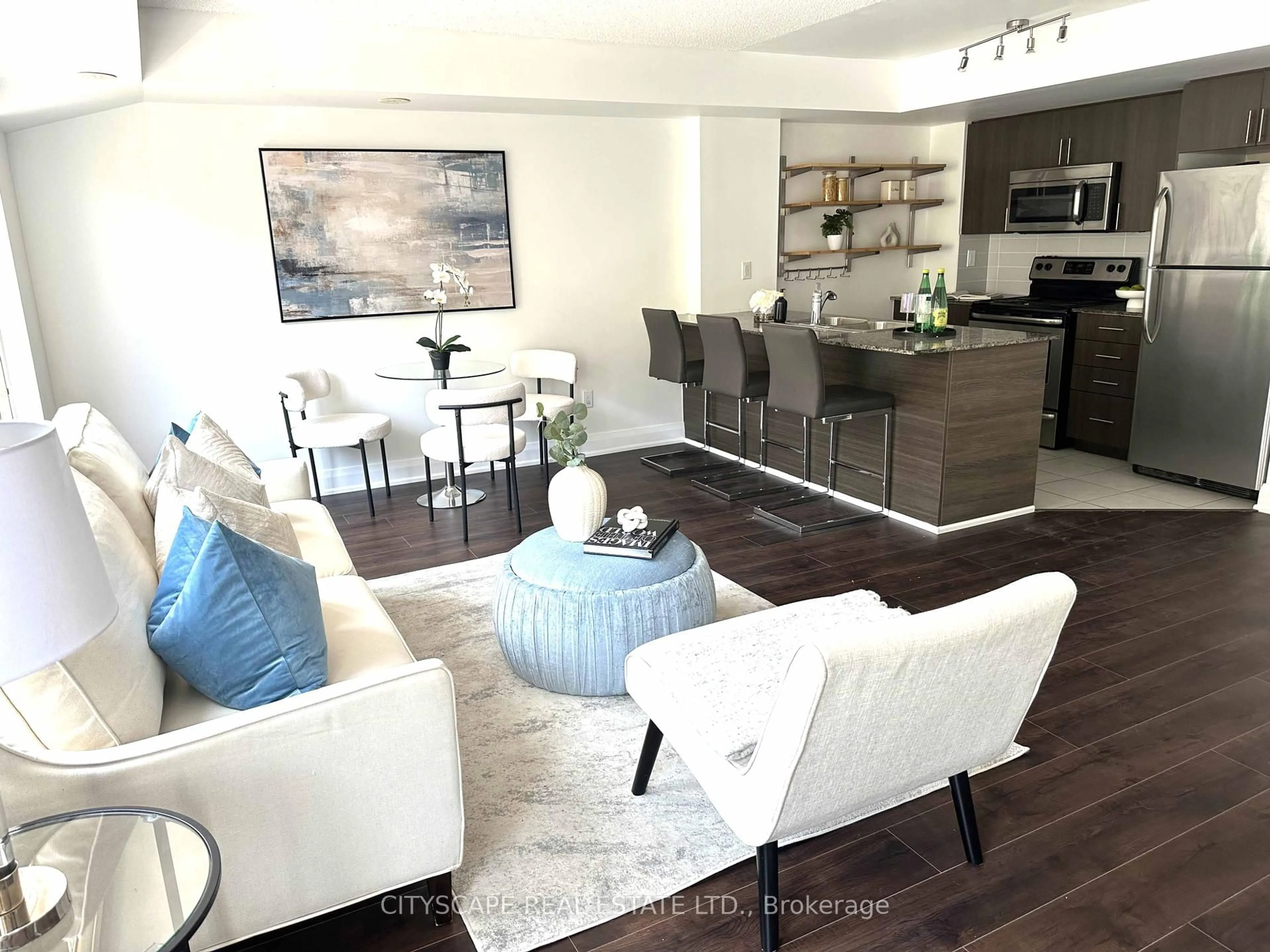 Open concept kitchen, wood/laminate floor for 16 Foundry Ave #212, Toronto Ontario M6H 0A9