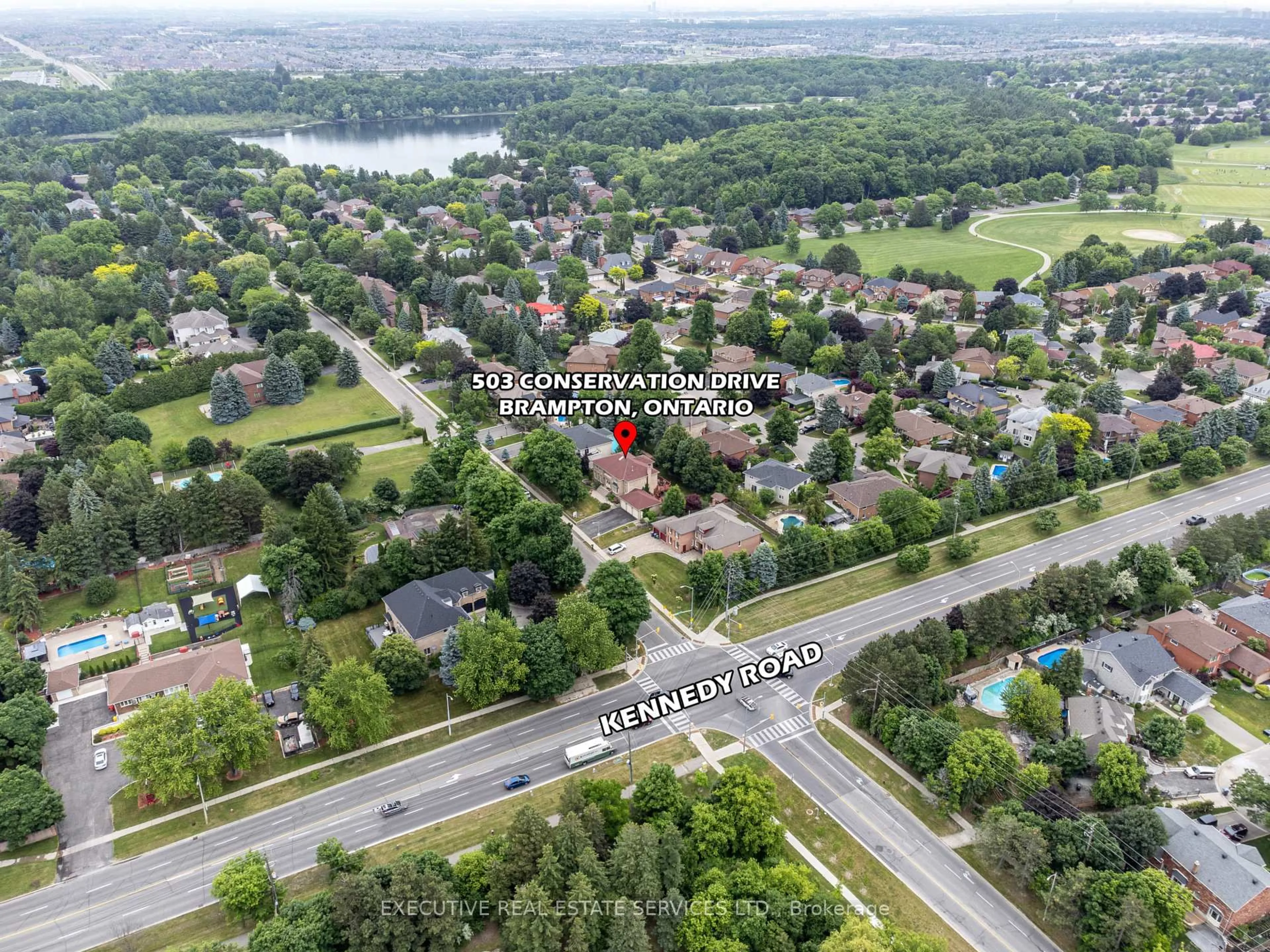 A pic from outside/outdoor area/front of a property/back of a property/a pic from drone, water/lake/river/ocean view for 503 Conservation Dr, Brampton Ontario L6Z 0C2