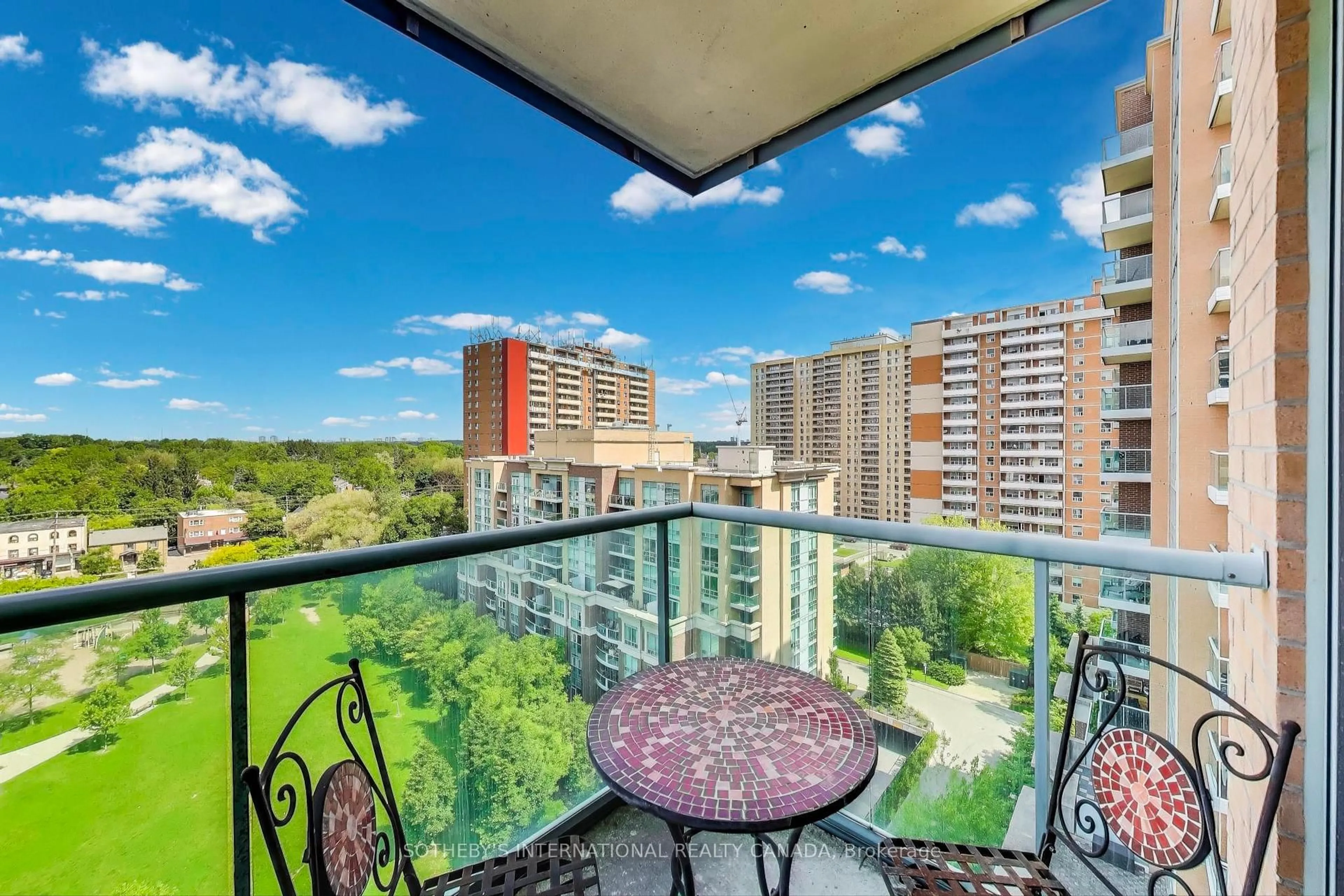 Balcony in the apartment, city buildings view from balcony for 11 Michael Power Pl #1111, Toronto Ontario M9A 5G3