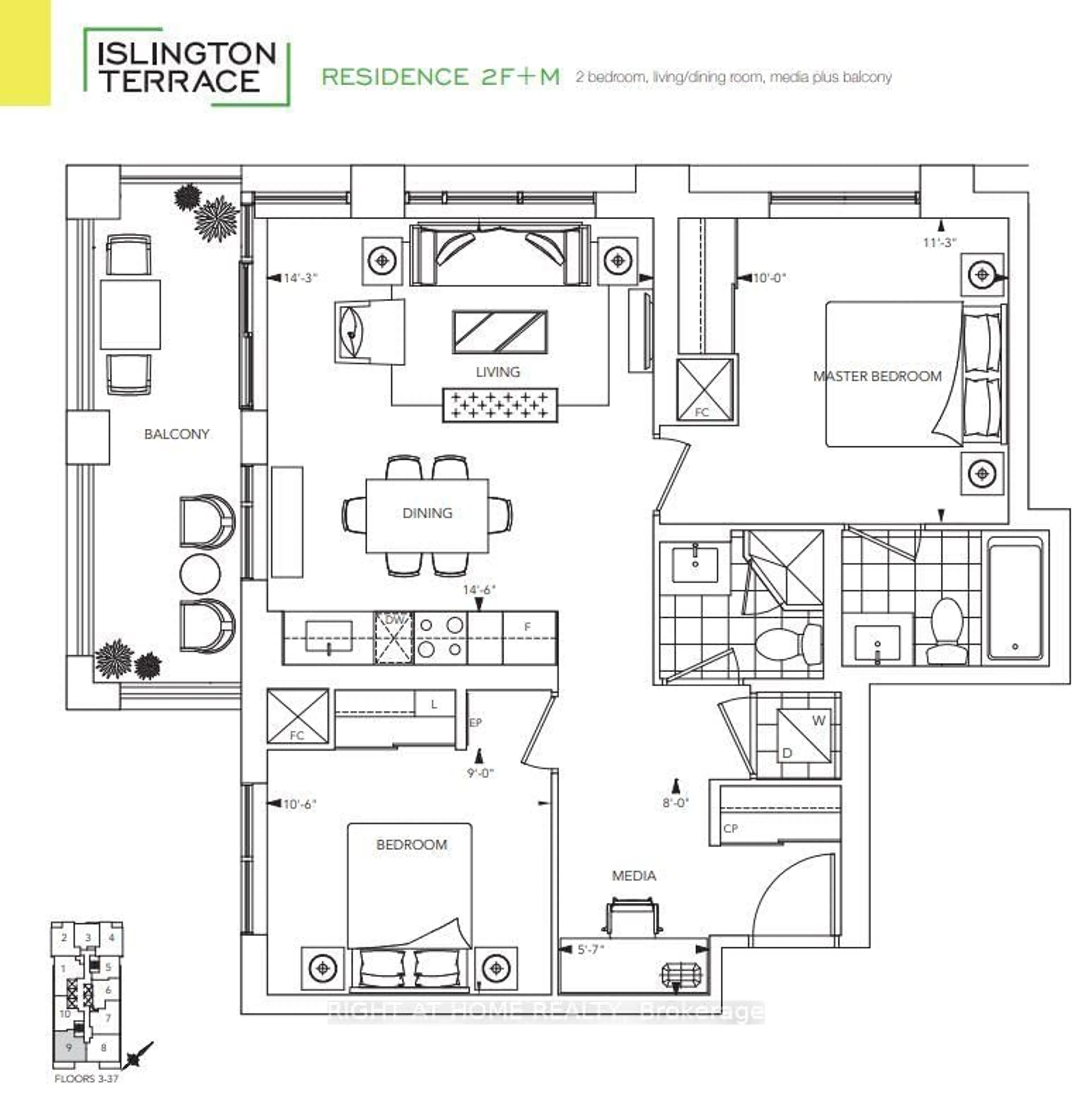 Floor plan for 7 Mabelle Ave #1409, Toronto Ontario M9C 0C9