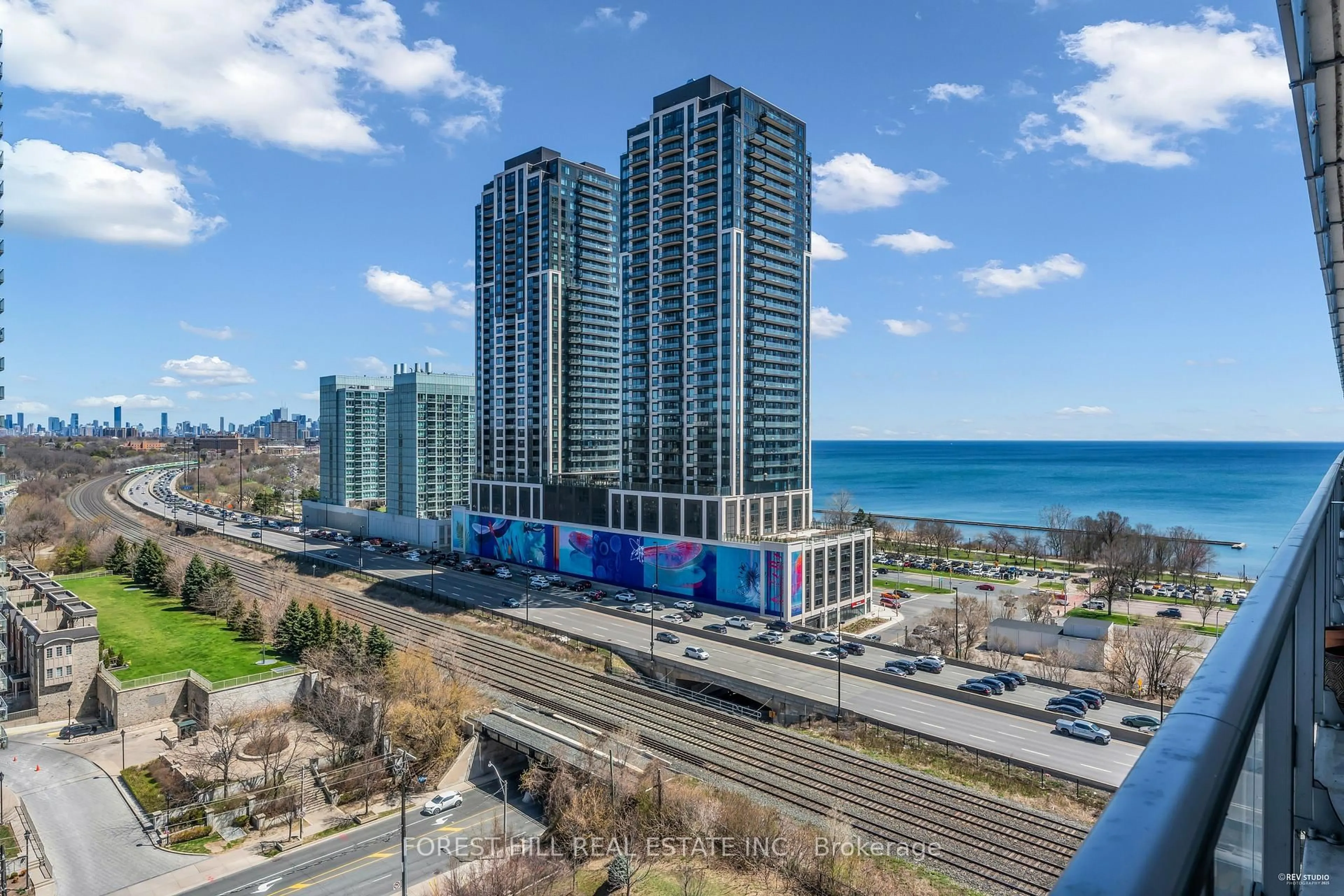 A pic from outside/outdoor area/front of a property/back of a property/a pic from drone, city buildings view from balcony for 103 The Queensway Ave #1301, Toronto Ontario M6S 5B3