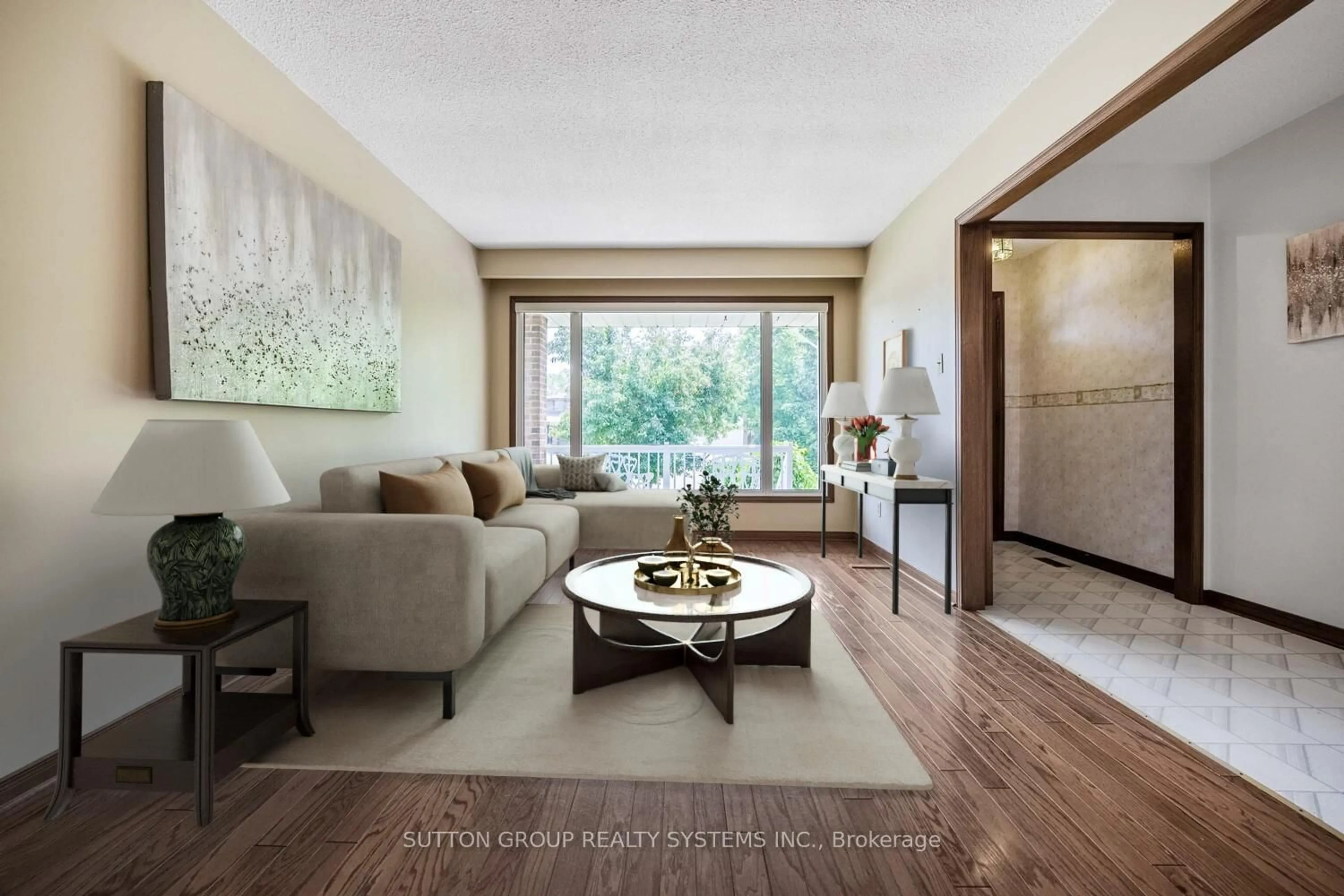 Living room with furniture, wood/laminate floor for 1161 Carlo Crt, Mississauga Ontario L4W 3N6