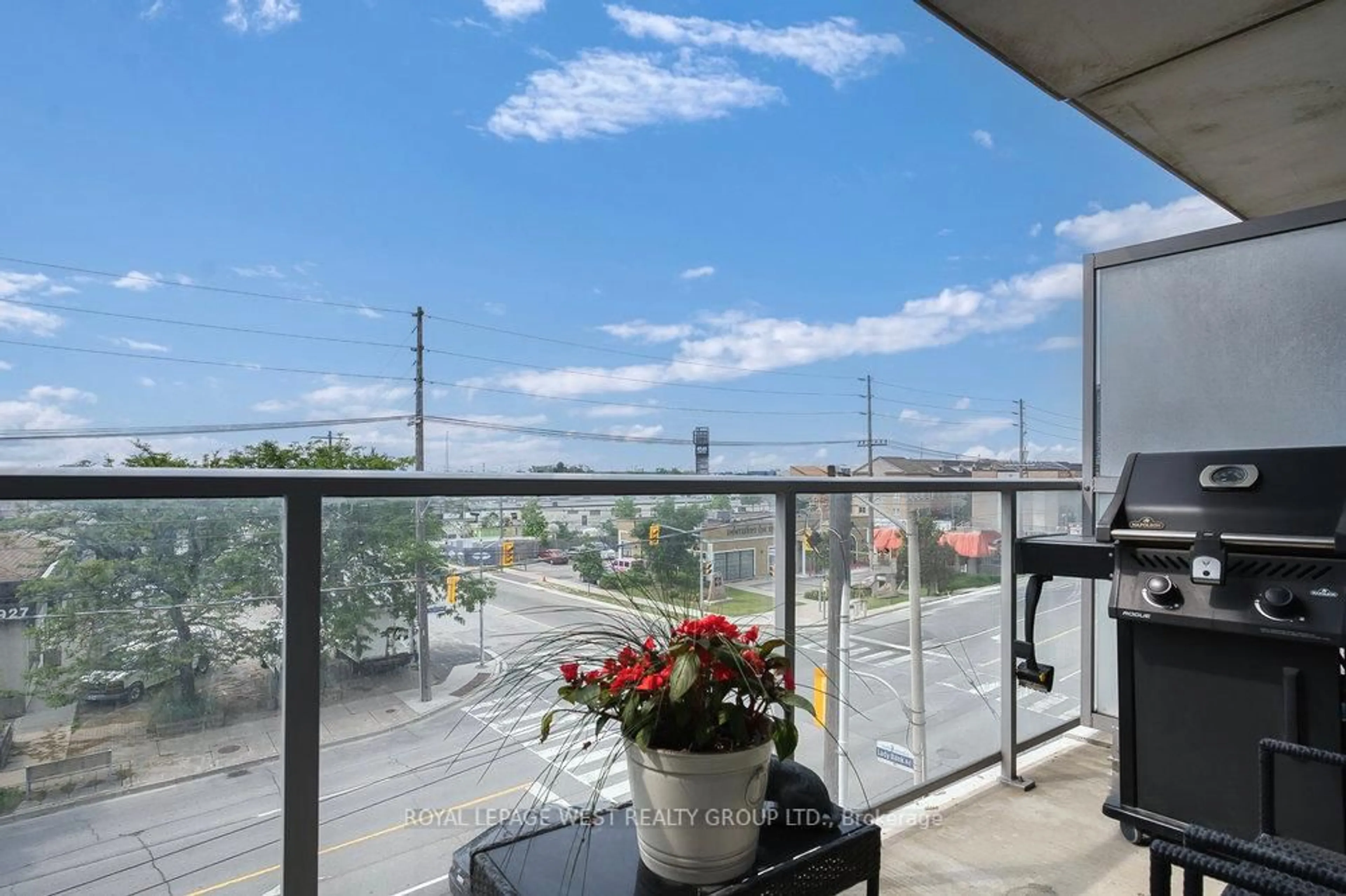 Balcony in the apartment, city buildings view from balcony for 51 Lady Bank Rd #301, Toronto Ontario M8Z 0C9