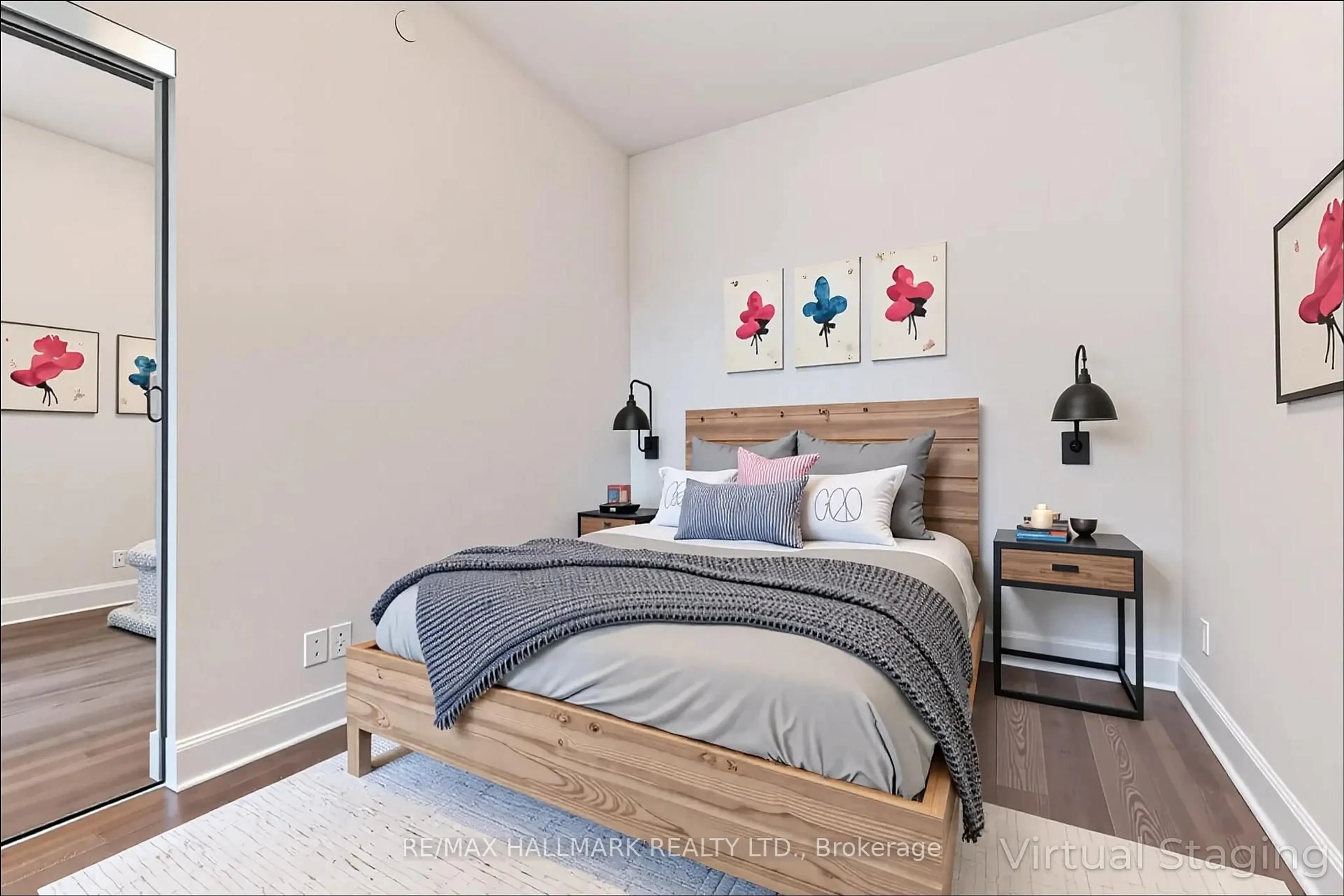 Bedroom with bed, wood/laminate floor for 33 Shore Breeze Dr #1111, Toronto Ontario M8V 1A1