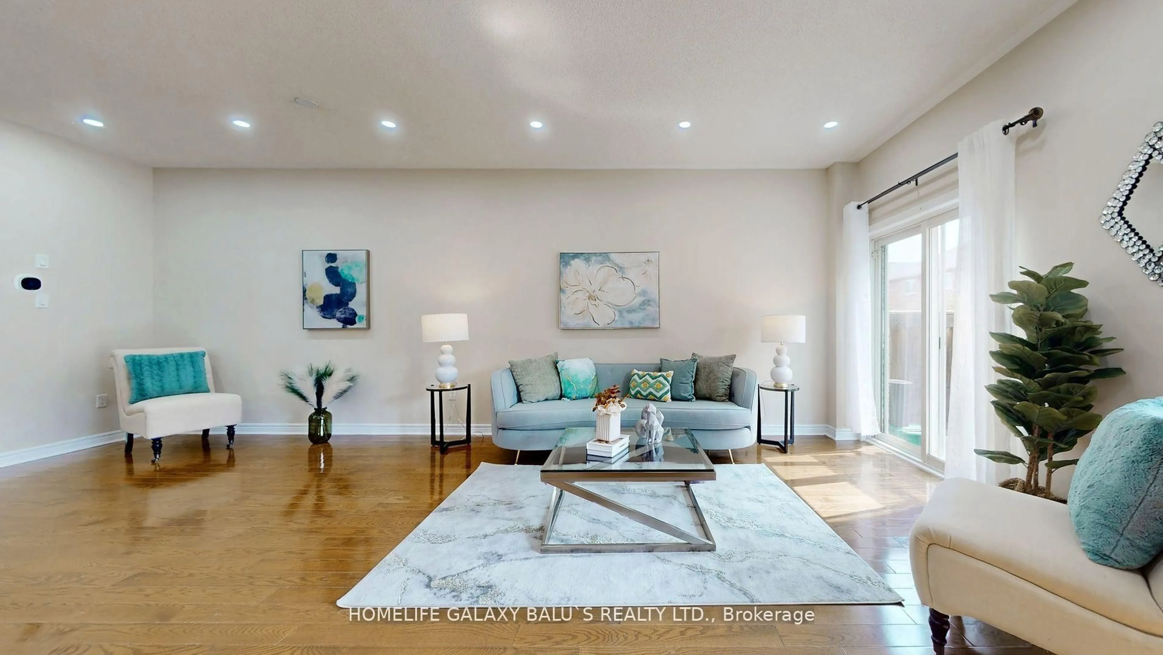 Living room with furniture, wood/laminate floor for 383 Comiskey Cres, Mississauga Ontario L5W 0C6