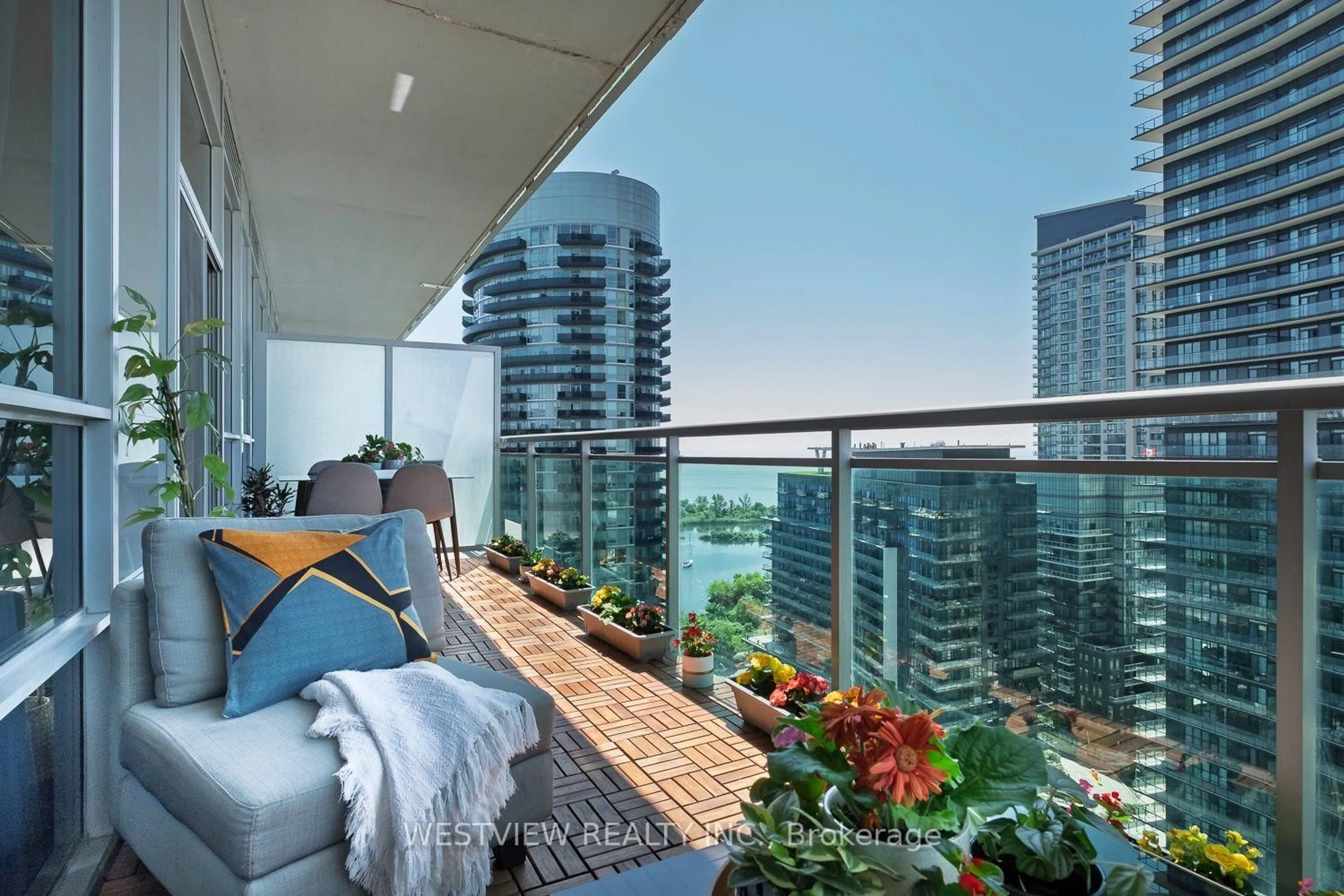 Balcony in the apartment, city buildings view from balcony for 16 Brookers Lane #2001, Toronto Ontario M8V 0A5