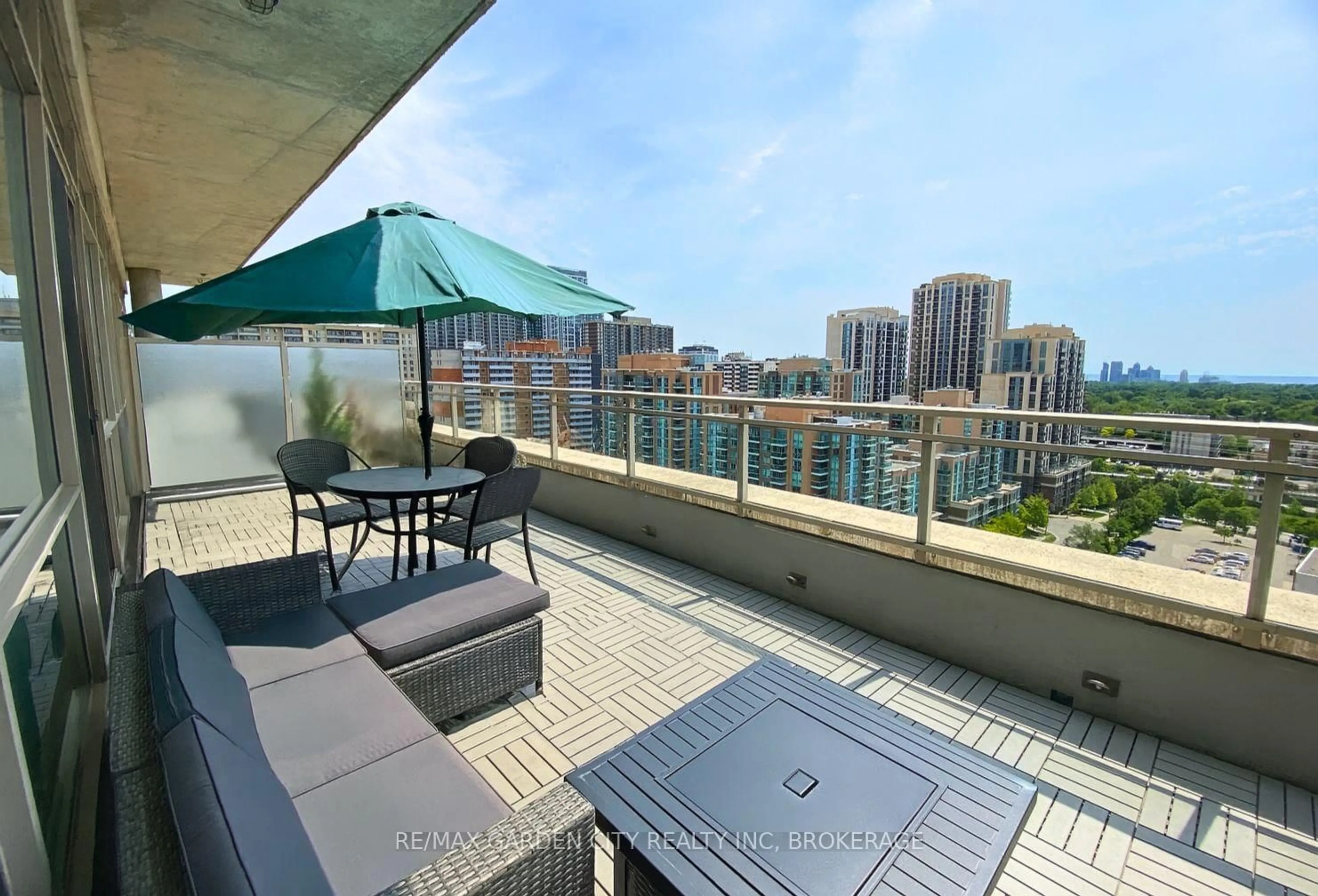 Patio, city buildings view from balcony for 5101 Dundas St #1402, Toronto Ontario M9A 5G8