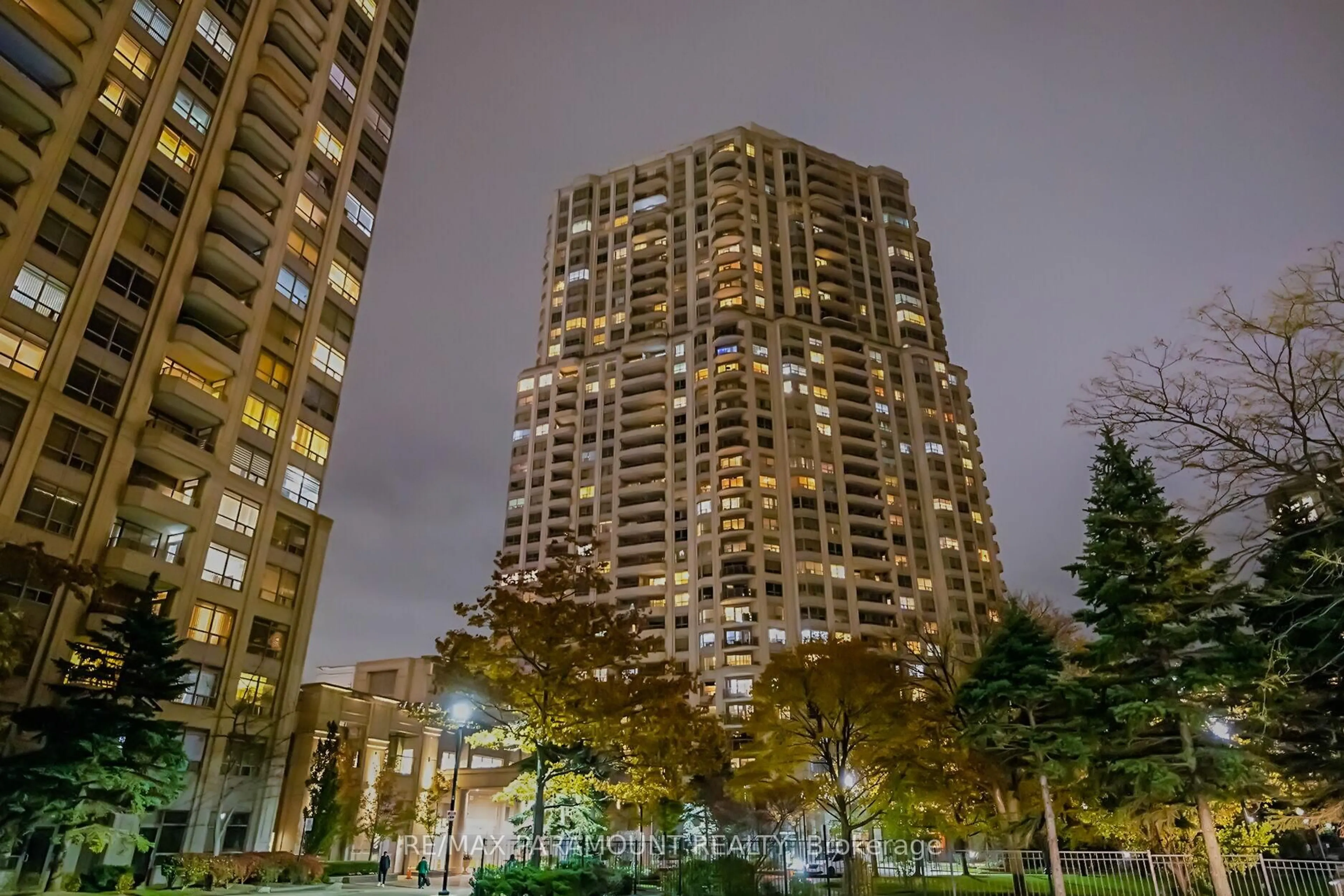 Patio, city buildings view from balcony for 25 Kingsbridge Garden Circ #2127, Mississauga Ontario L5R 4B1