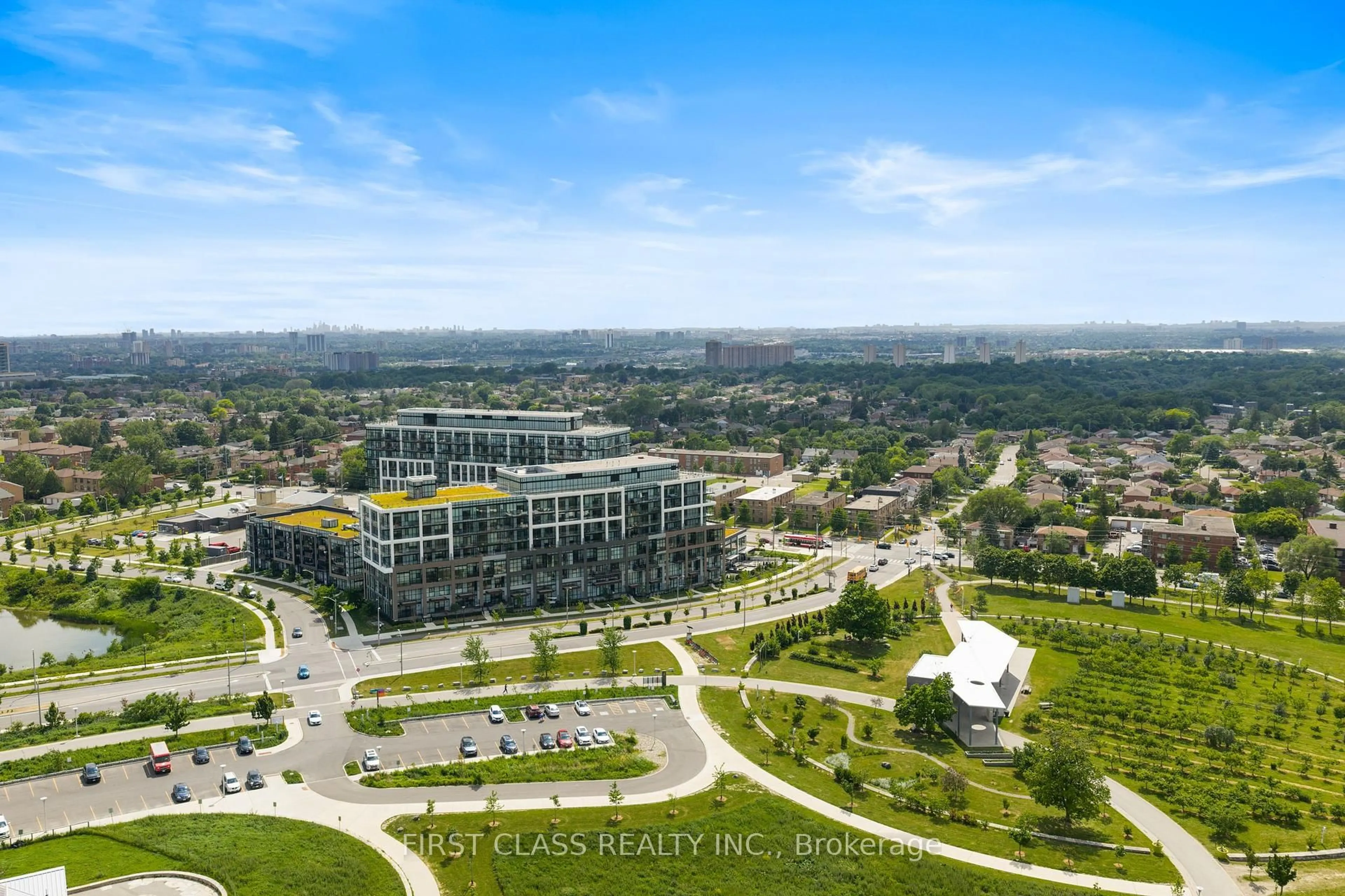 A pic from outside/outdoor area/front of a property/back of a property/a pic from drone, city buildings view from balcony for 60 George Butchart Dr #107, Toronto Ontario M3K 1Y2
