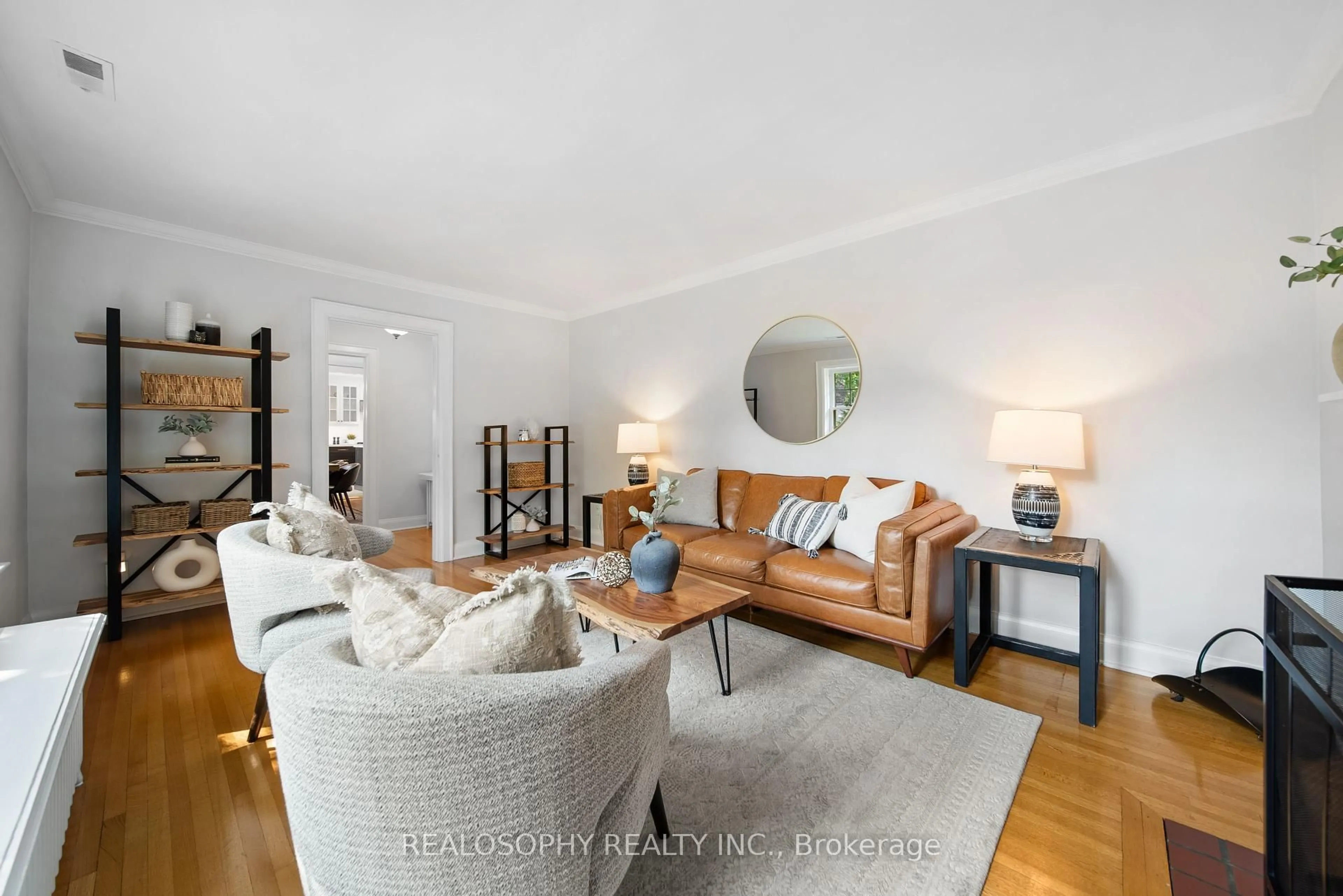 Living room with furniture, wood/laminate floor for 9 Edgemore Dr, Toronto Ontario M8Y 2M6
