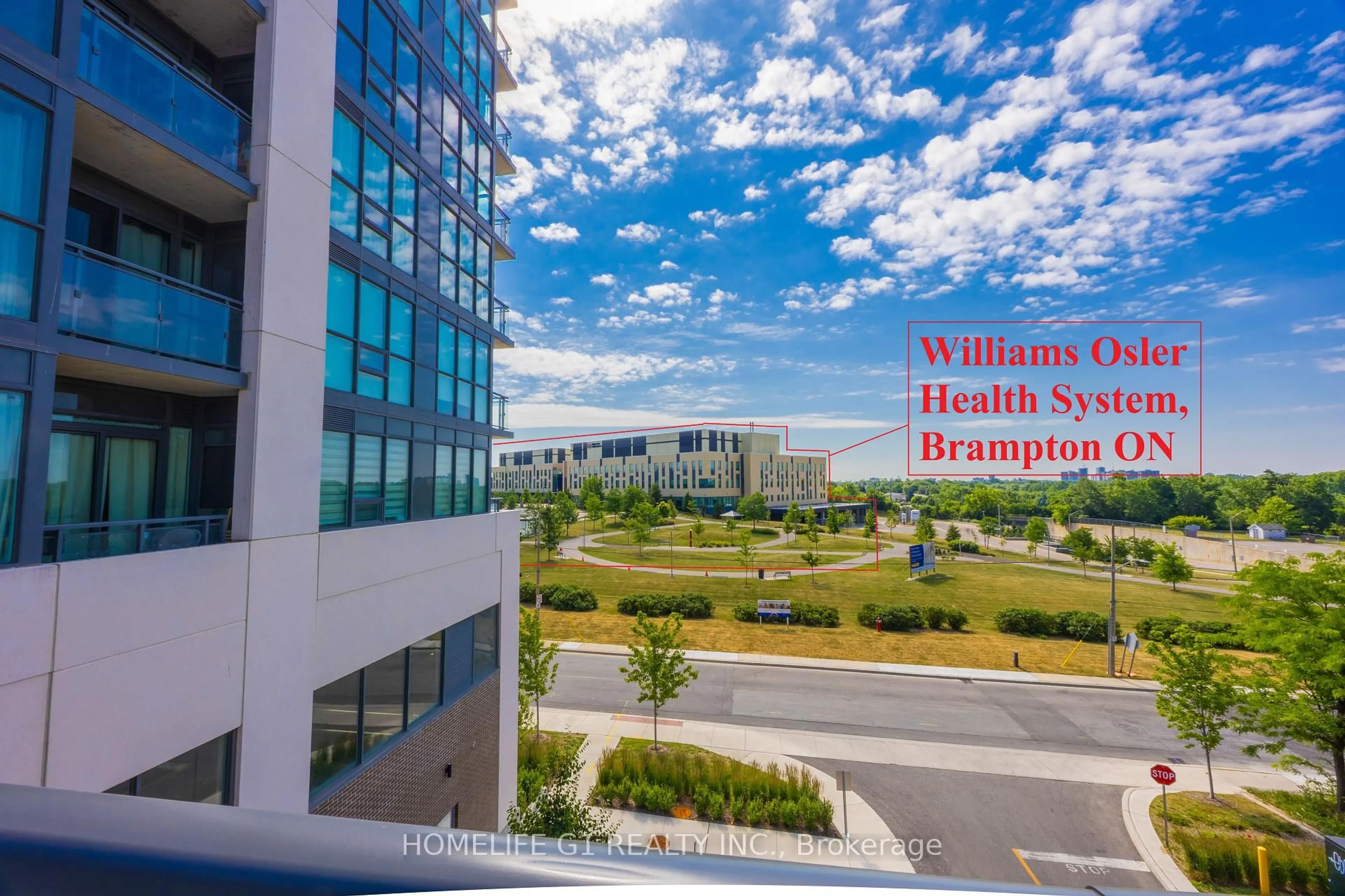 A pic from outside/outdoor area/front of a property/back of a property/a pic from drone, city buildings view from balcony for 15 Lynch St #1402, Brampton Ontario L6W 0C7