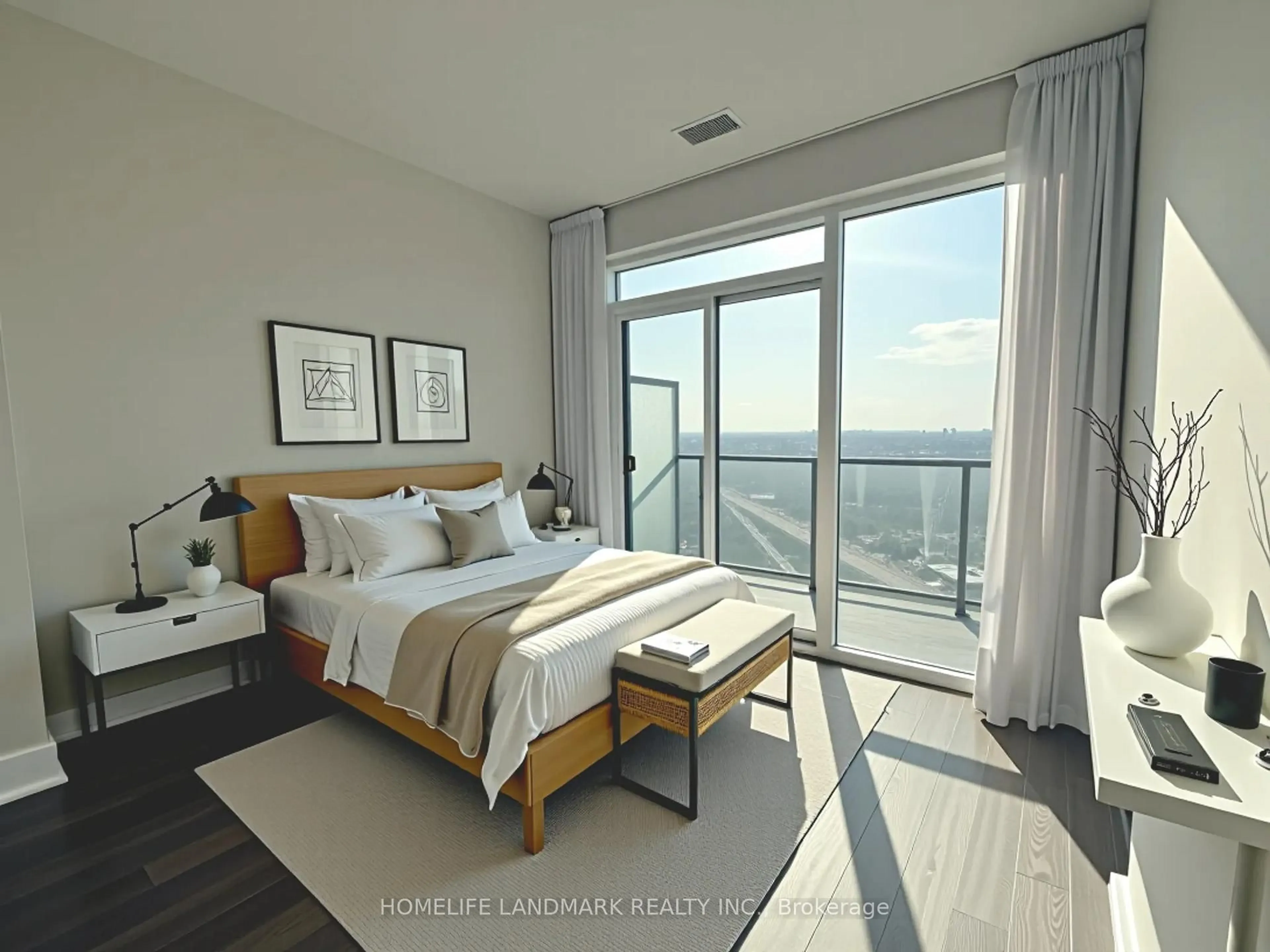 Bedroom with bed, wood/laminate floor for 56 Annie Craig Dr #LPH05, Toronto Ontario M8V 0C8