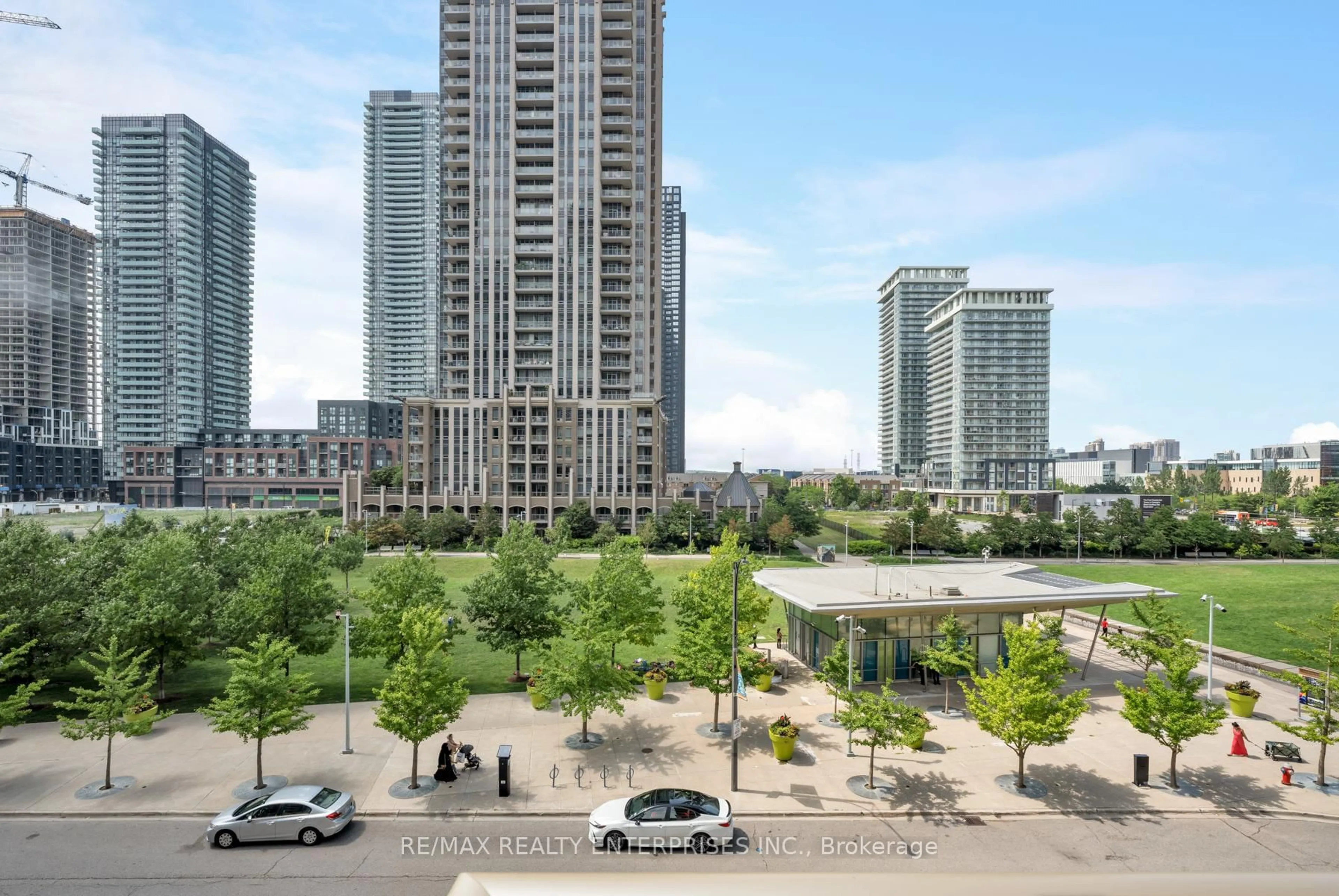 Patio, city buildings view from balcony for 350 Princess Royal Dr #405, Mississauga Ontario L5B 4N1