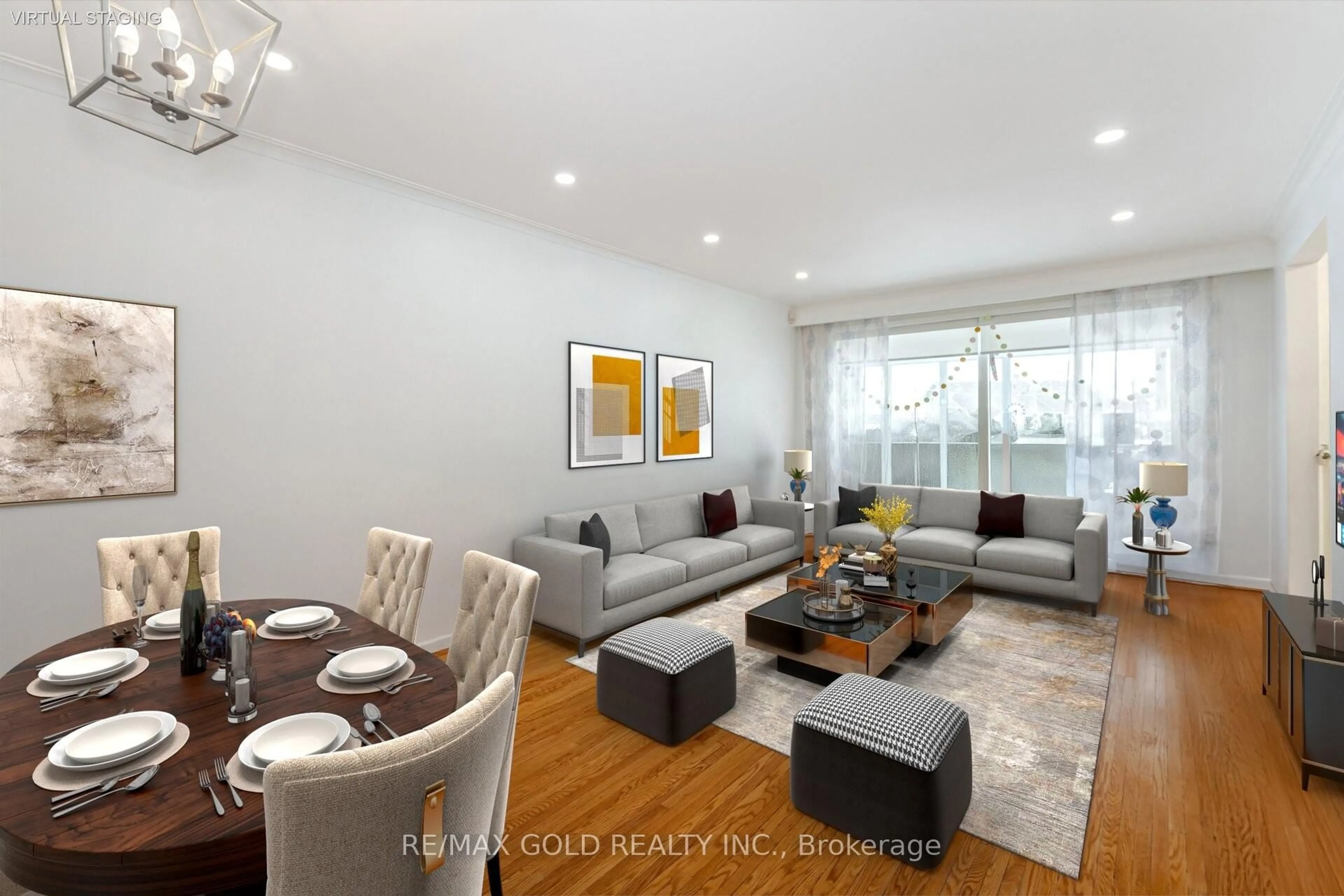 Living room with furniture, wood/laminate floor for 142 Wareside Rd, Toronto Ontario M9C 3B8