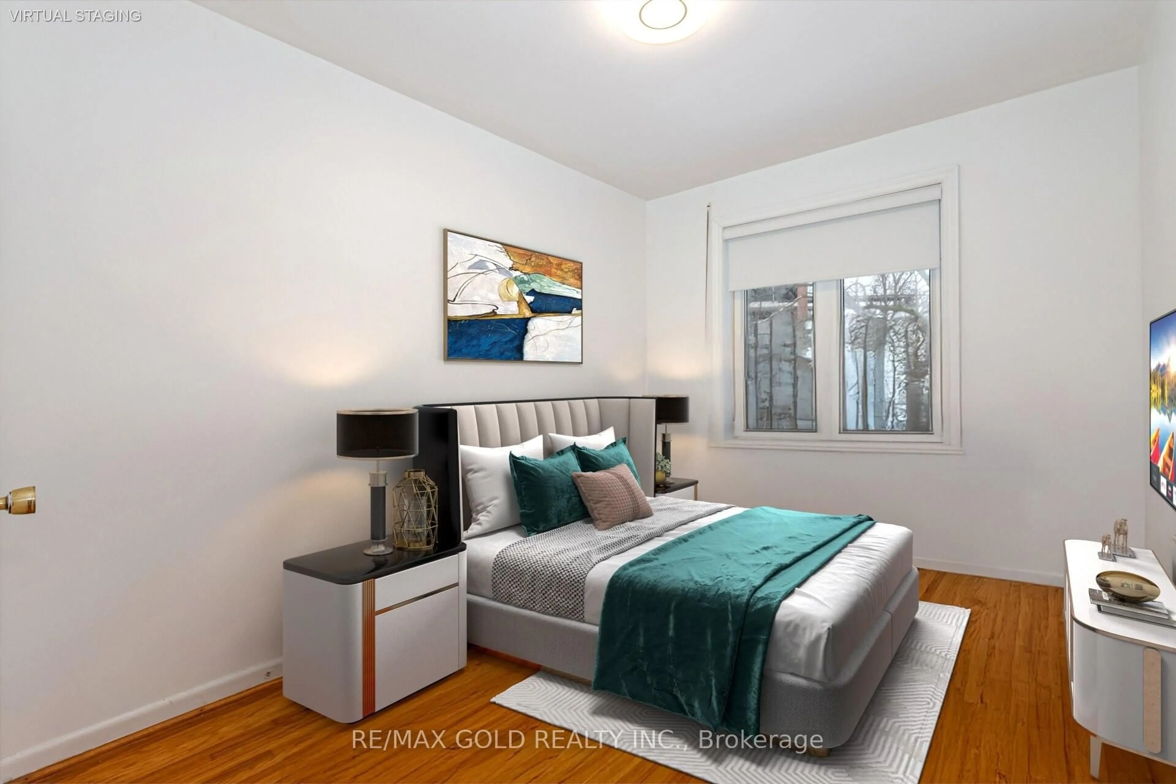 Bedroom with bed, wood/laminate floor for 142 Wareside Rd, Toronto Ontario M9C 3B8