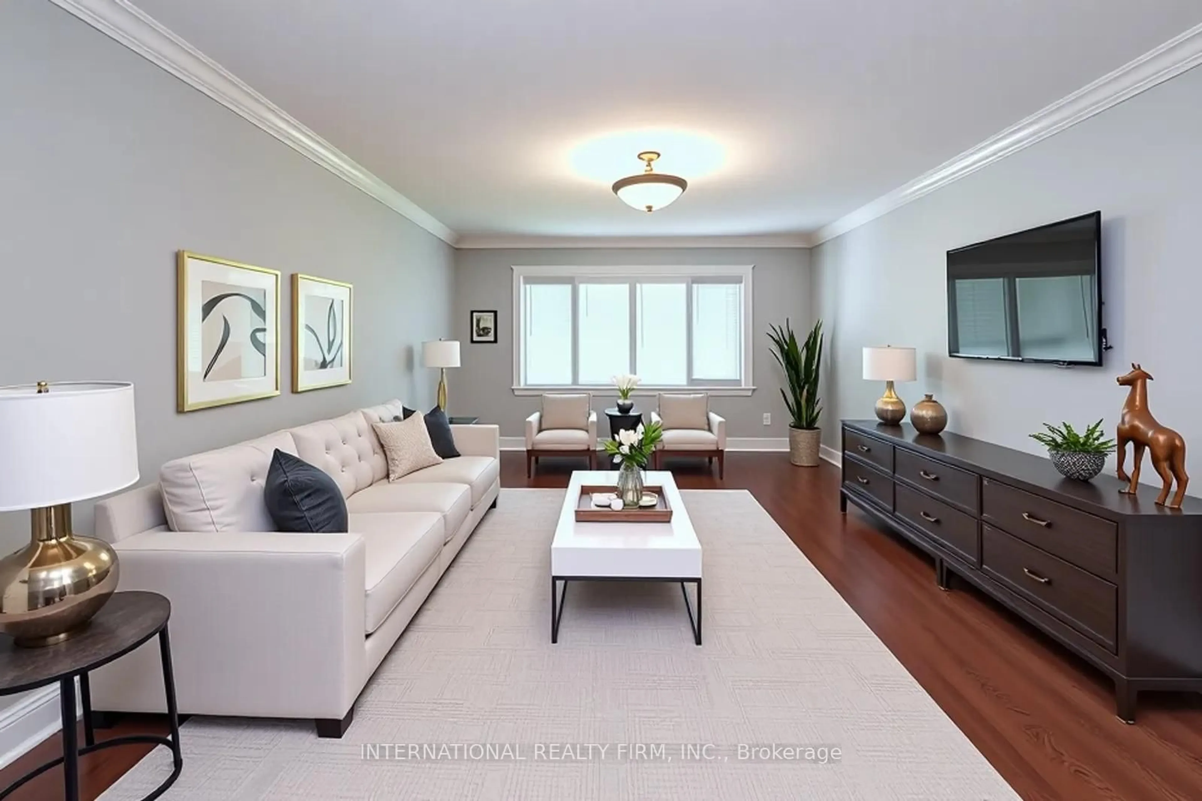 Living room with furniture, wood/laminate floor for 3352 Queen Frederica Dr, Mississauga Ontario L4Y 3B2