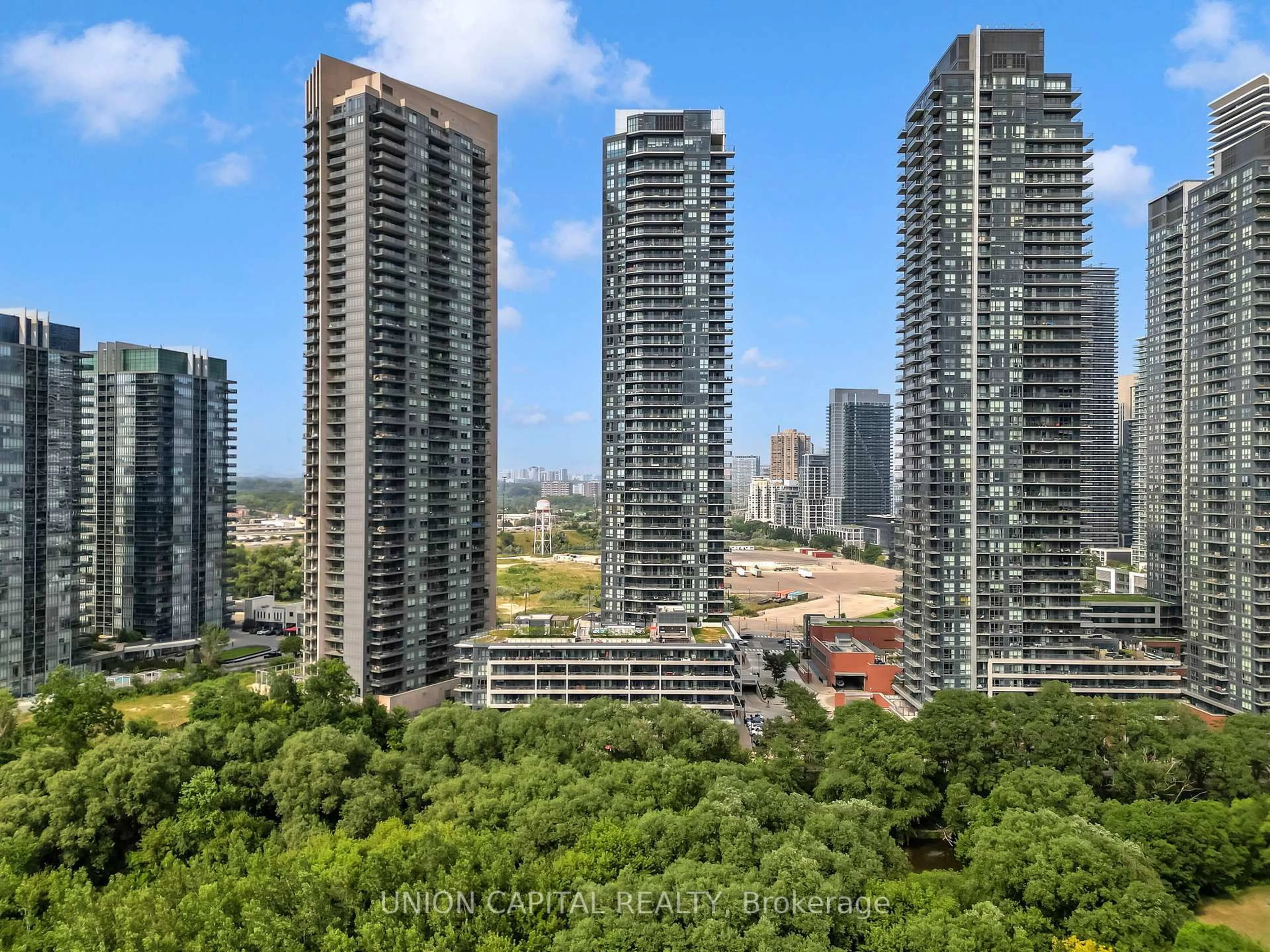 A pic from outside/outdoor area/front of a property/back of a property/a pic from drone, city buildings view from balcony for 10 Parklawn Rd #1305, Toronto Ontario M8V 0H9