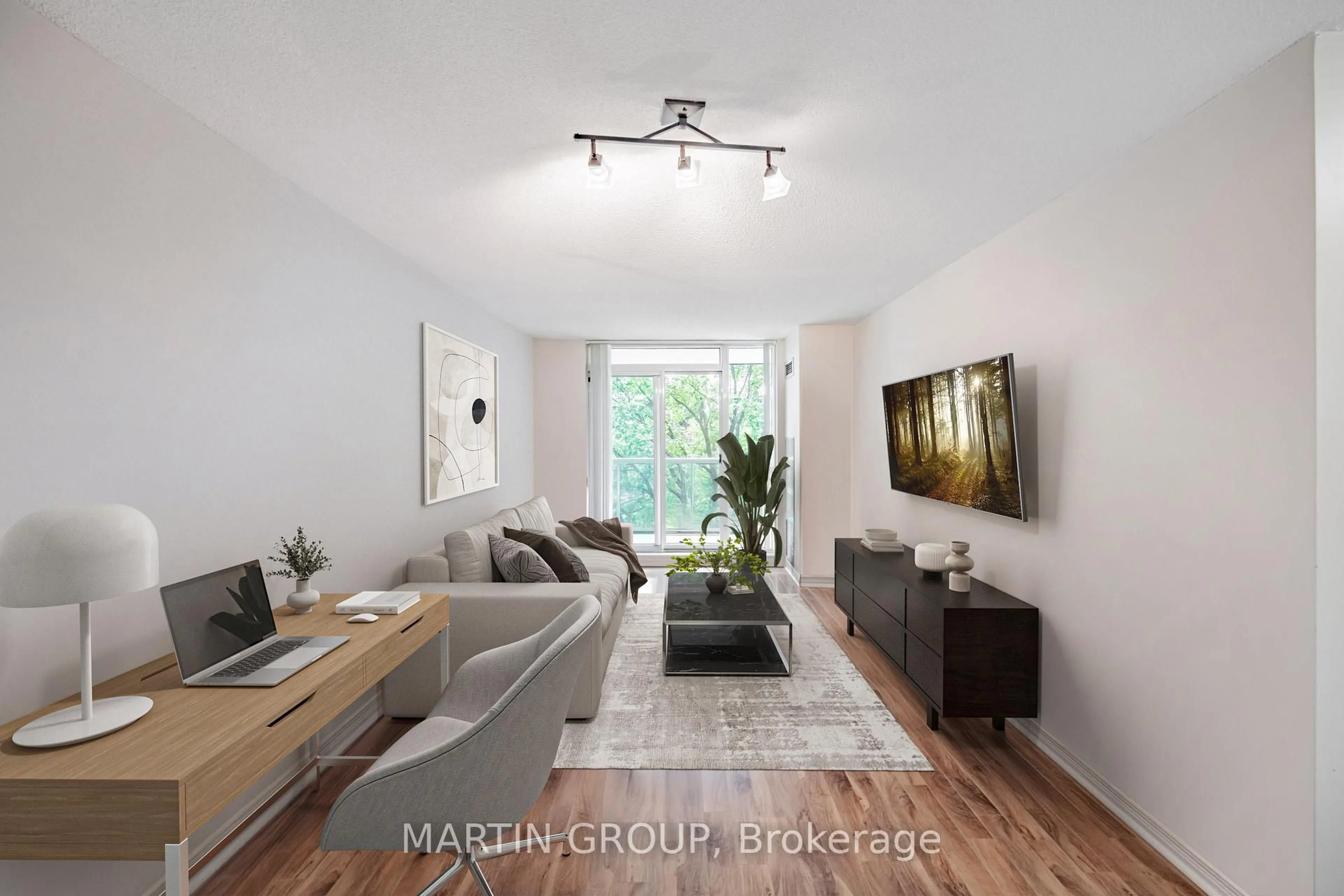 Living room with furniture, wood/laminate floor for 2545 Erin Centre Blvd #207, Mississauga Ontario L5M 6Z9