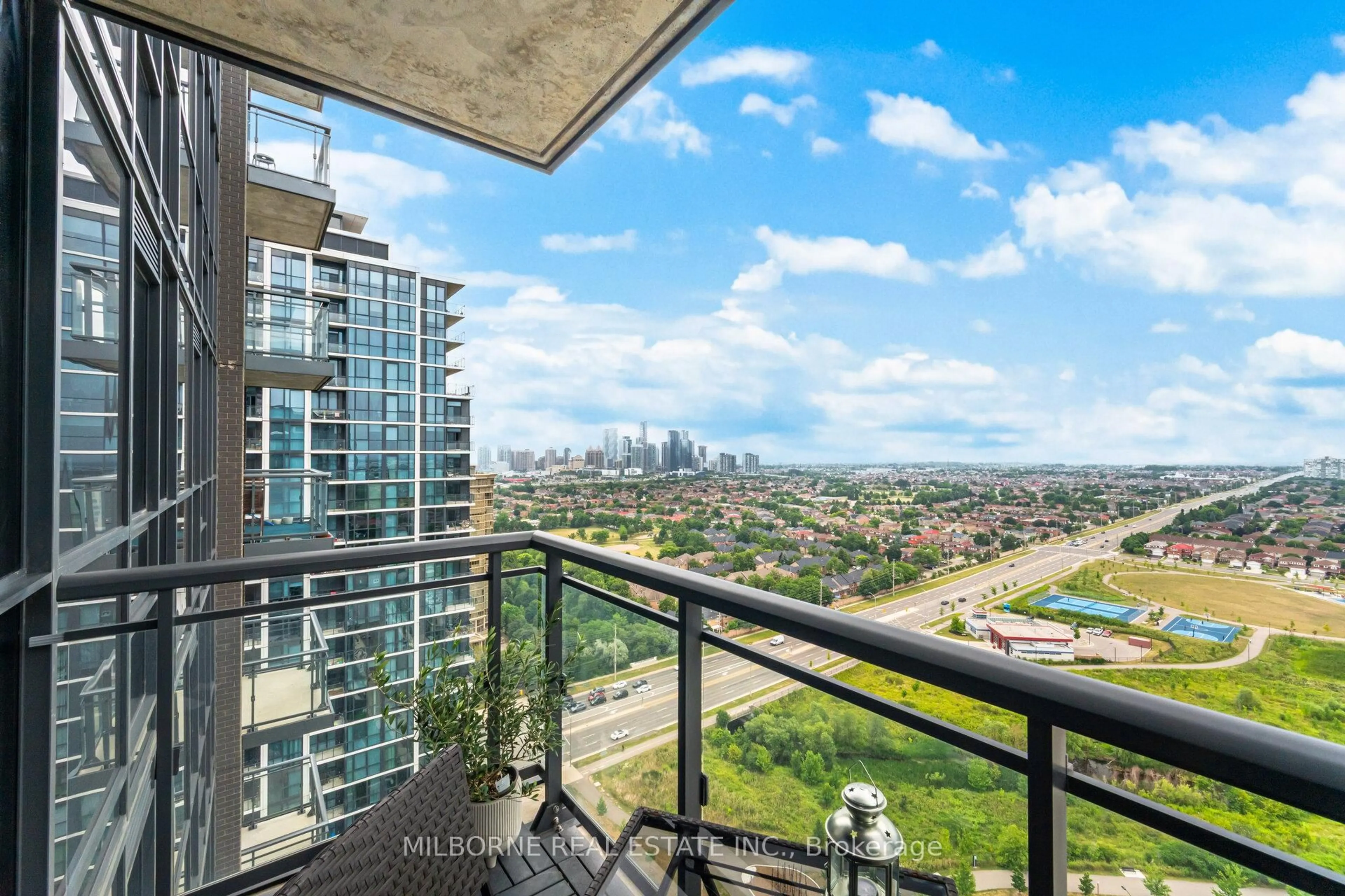 Balcony in the apartment, city buildings view from balcony for 5025 Four Springs Ave #2208, Mississauga Ontario L5R 0G5