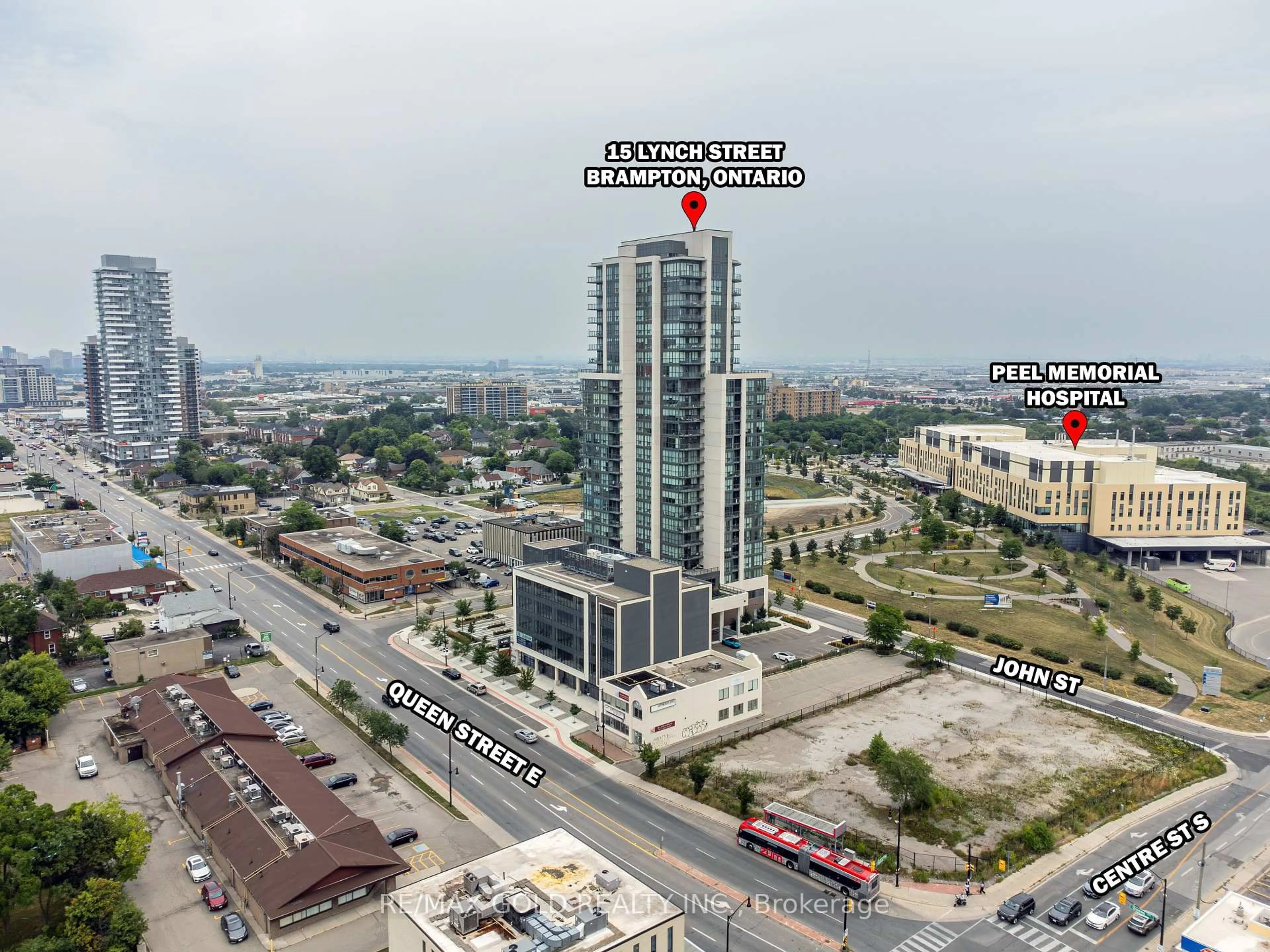 A pic from outside/outdoor area/front of a property/back of a property/a pic from drone, city buildings view from balcony for 15 Lynch St #606, Brampton Ontario L6W 0C7