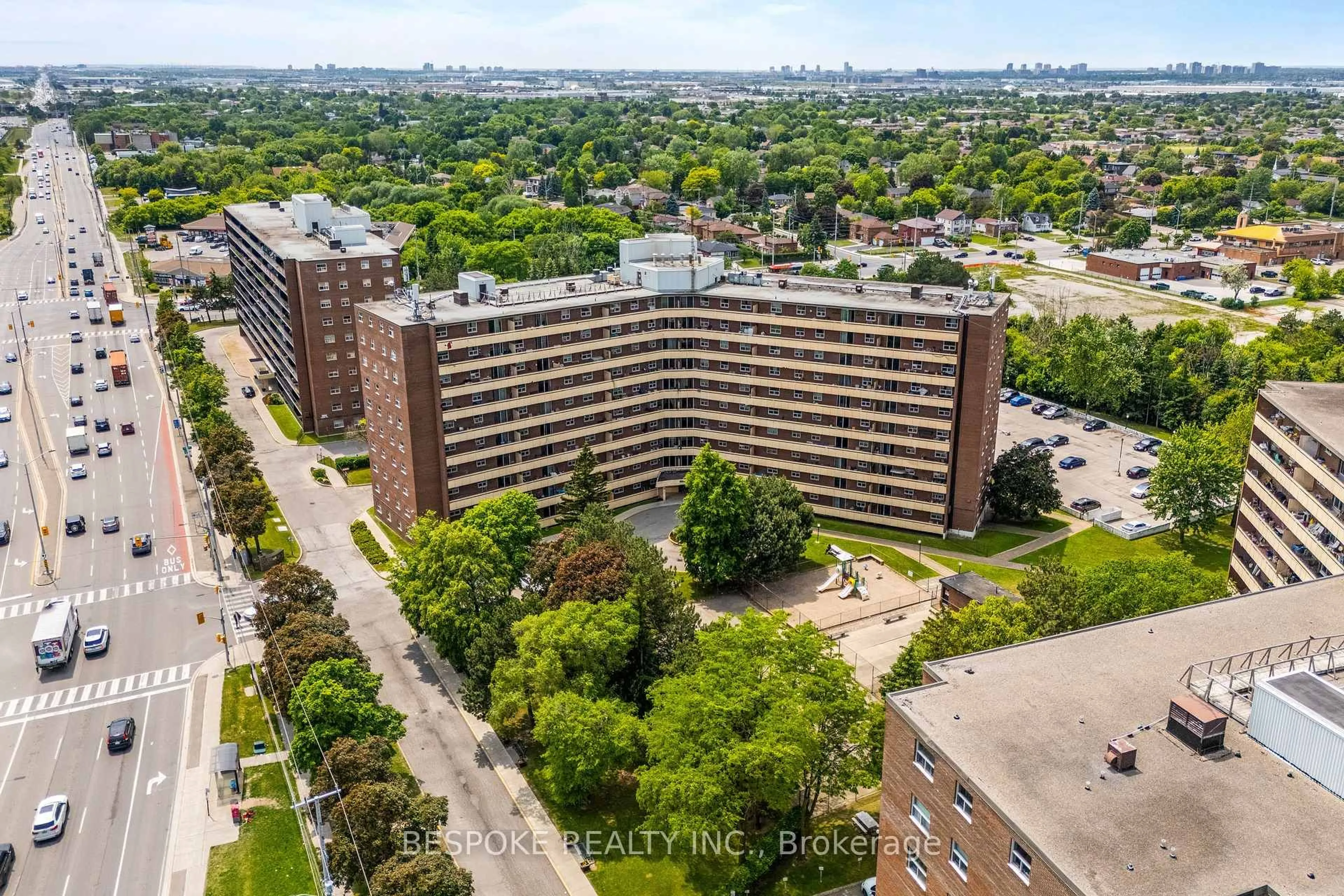 A pic from outside/outdoor area/front of a property/back of a property/a pic from drone, city buildings view from balcony for 3555 Derry Rd #208, Mississauga Ontario L4T 1B2