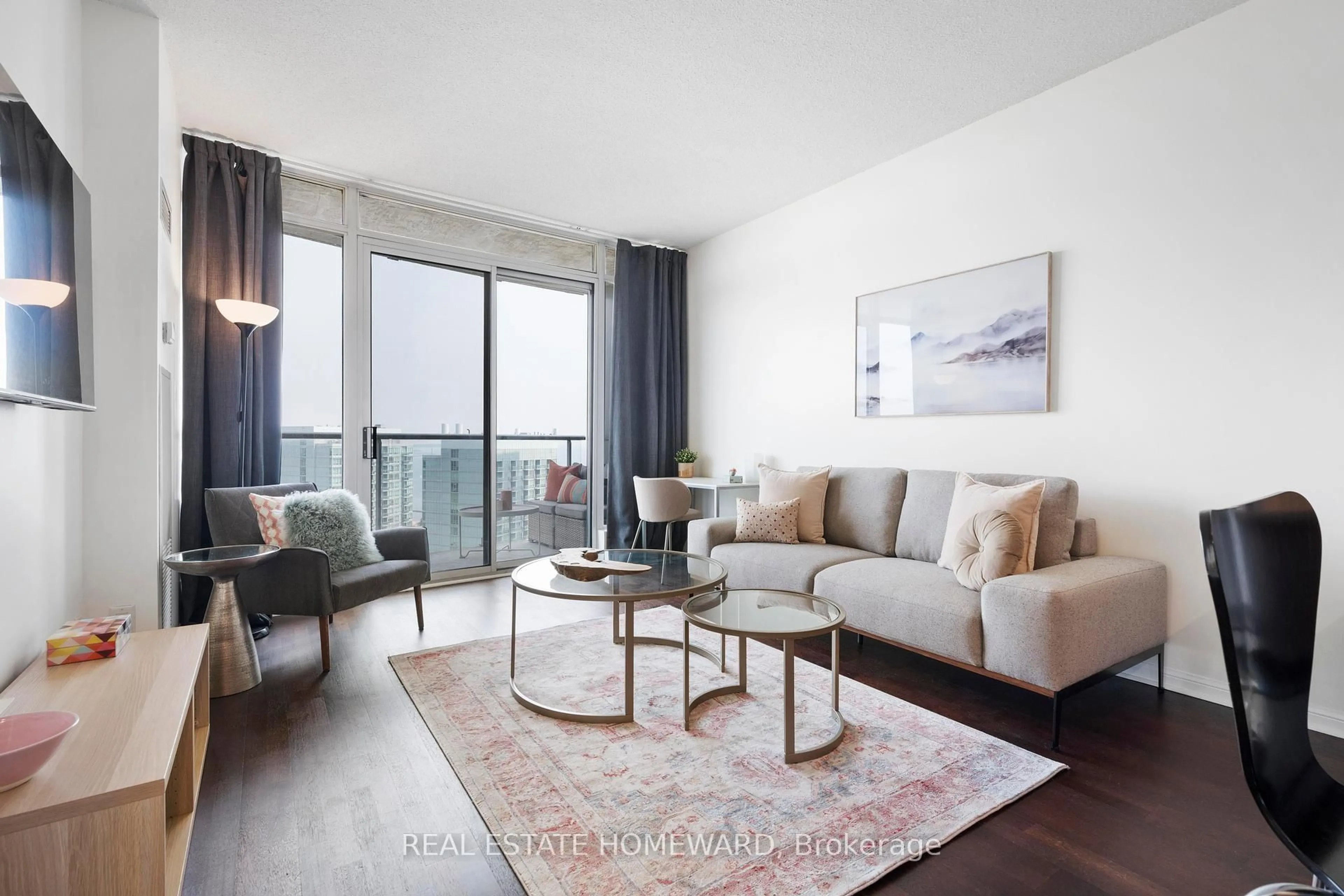 Living room with furniture, wood/laminate floor for 15 Windermere Ave #2107, Toronto Ontario M6S 5A2