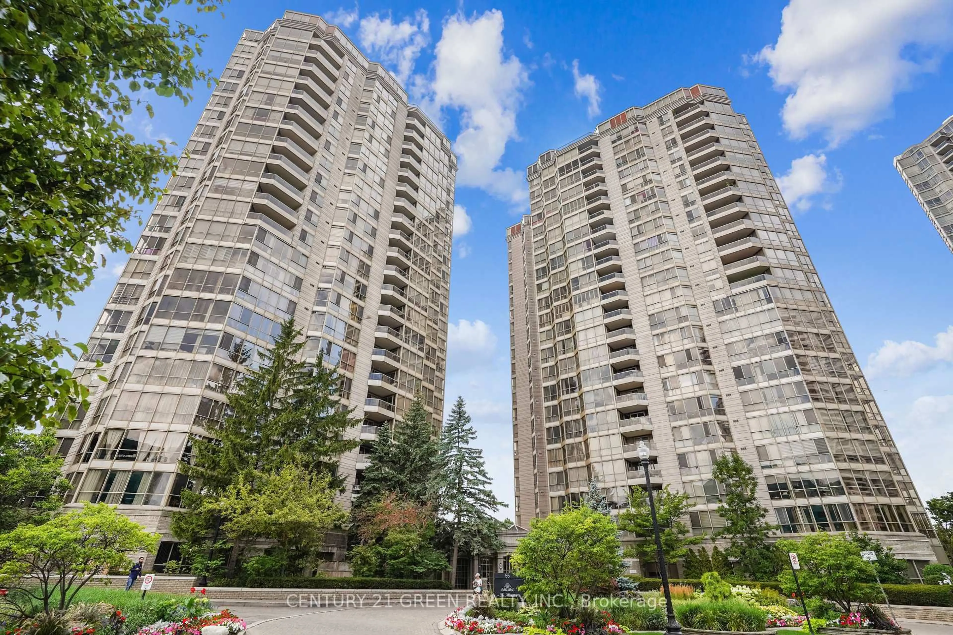 Patio, city buildings view from balcony for 55 Kingsbridge Garden Circ #613, Mississauga Ontario L5R 1Y1
