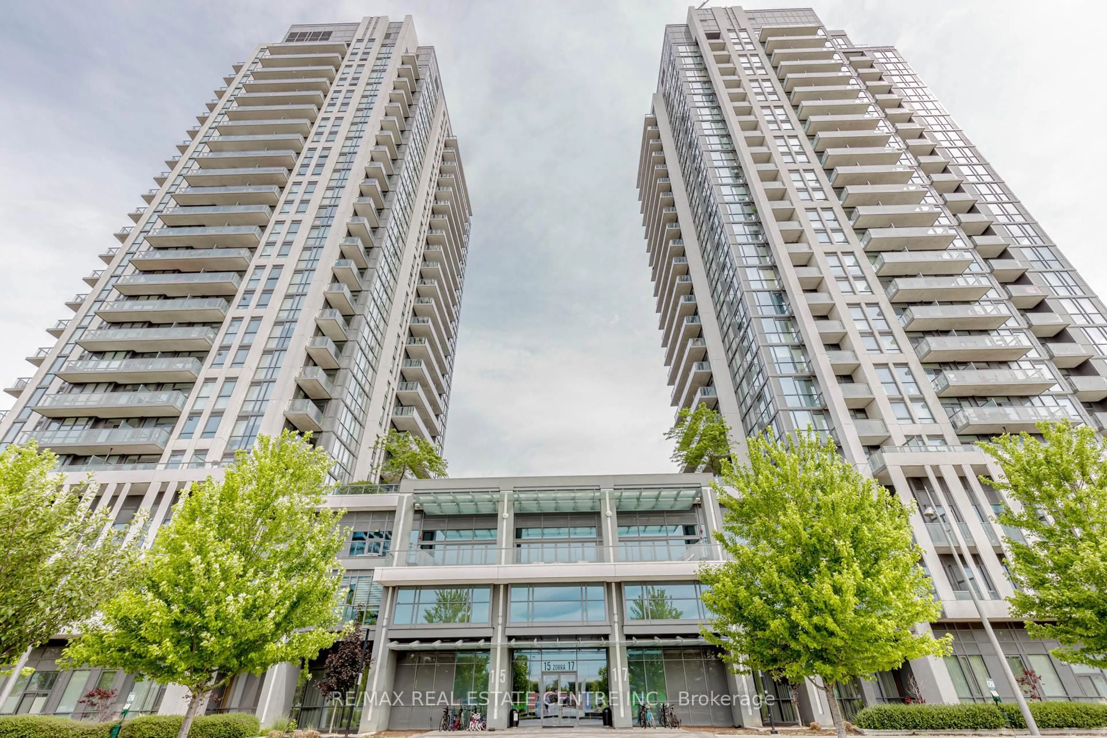 A pic from outside/outdoor area/front of a property/back of a property/a pic from drone, unknown for 15 Zorra St #506, Toronto Ontario M8Z 0C1