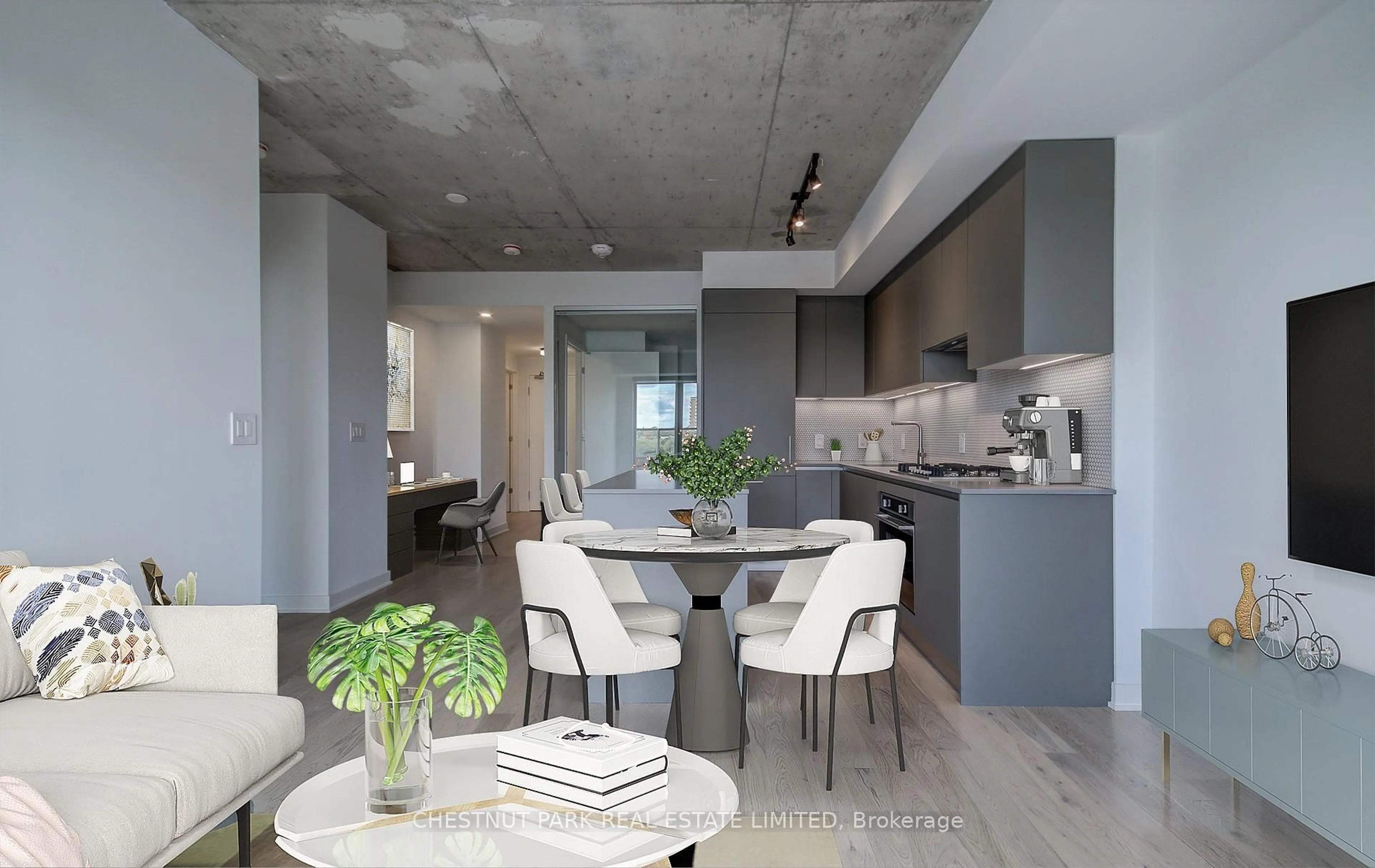 Open concept kitchen, cement floor for 2720 Dundas St #613, Toronto Ontario M6P 1Y2
