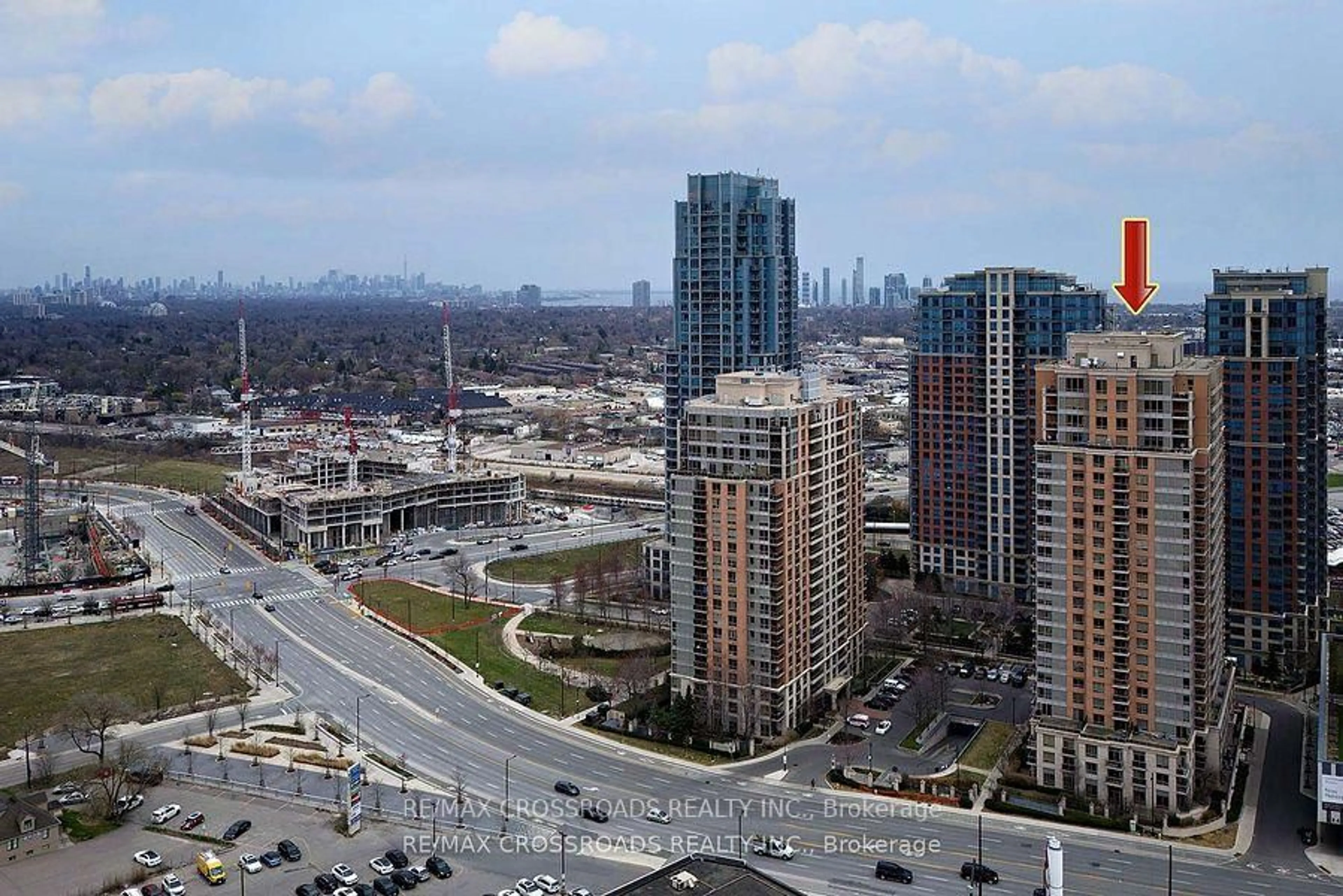 A pic from outside/outdoor area/front of a property/back of a property/a pic from drone, city buildings view from balcony for 5233 Dundas St #528, Toronto Ontario M9B 6M1