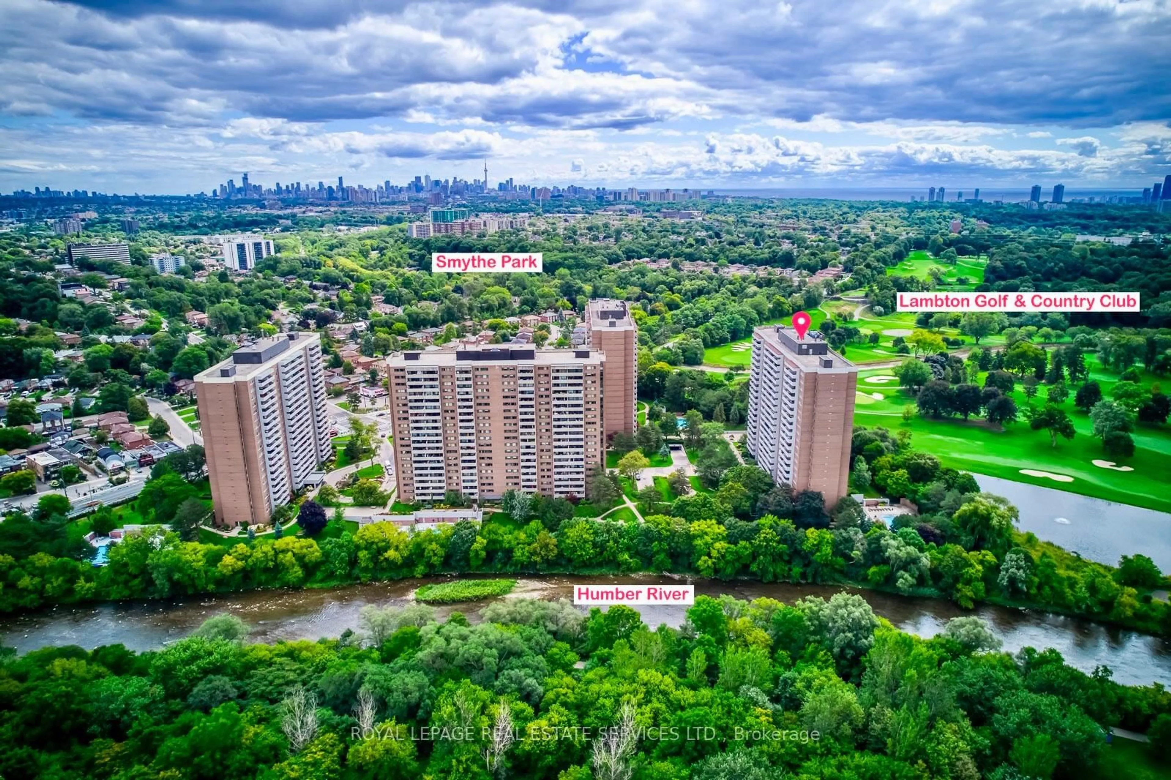 A pic from outside/outdoor area/front of a property/back of a property/a pic from drone, city buildings view from balcony for 240 Scarlett Rd #405, Toronto Ontario M6N 4X4