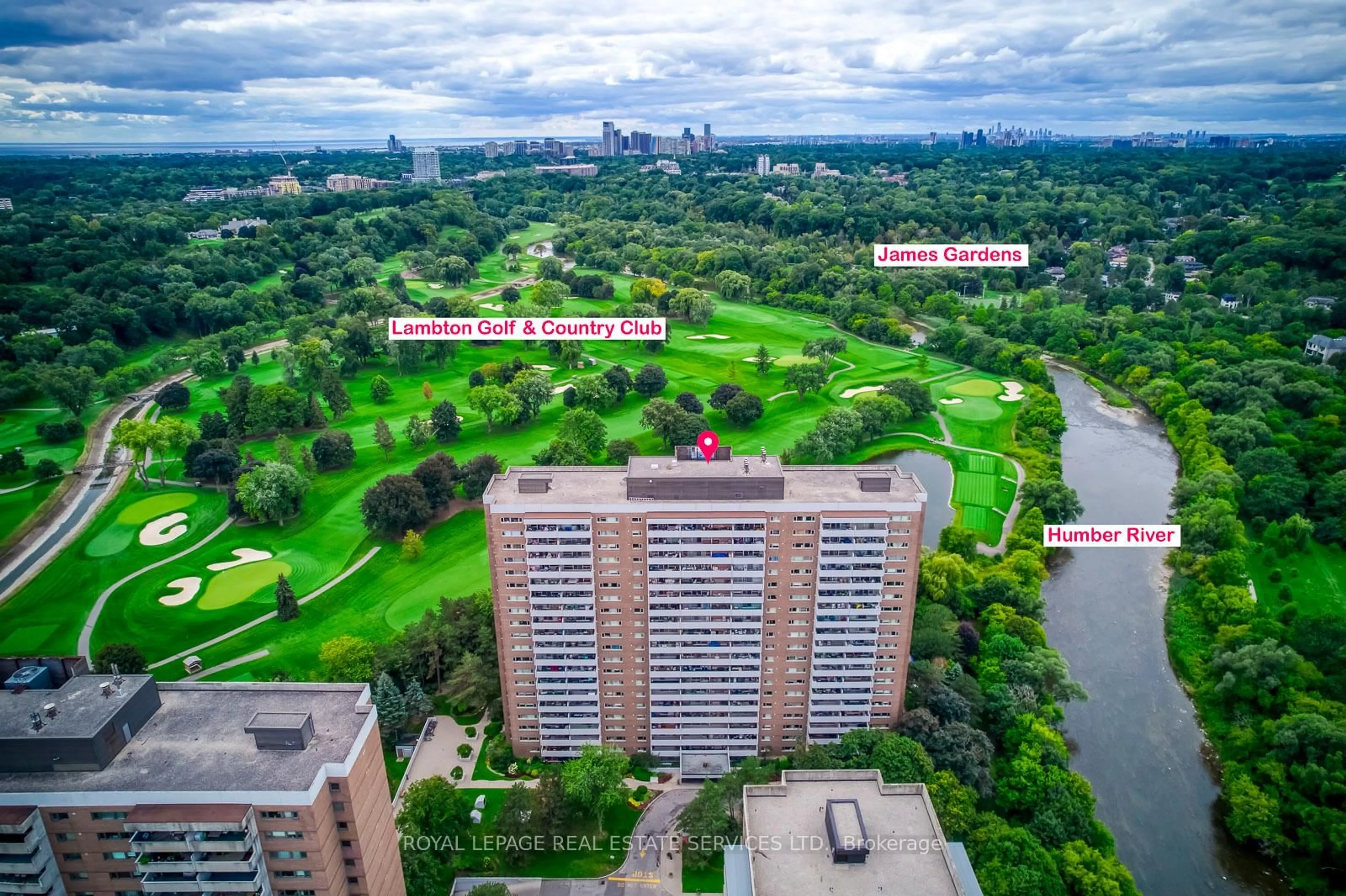 A pic from outside/outdoor area/front of a property/back of a property/a pic from drone, city buildings view from balcony for 240 Scarlett Rd #405, Toronto Ontario M6N 4X4