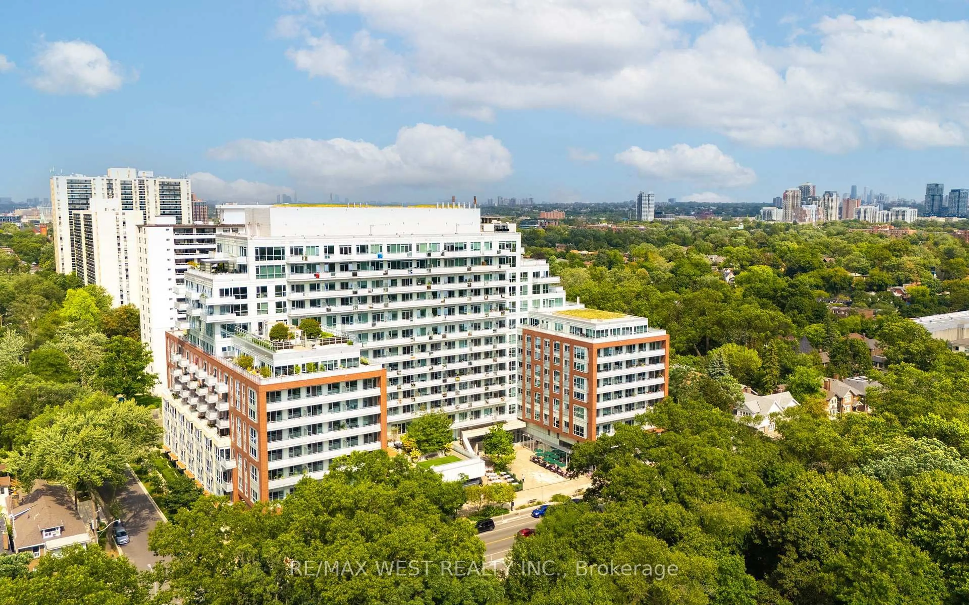 A pic from outside/outdoor area/front of a property/back of a property/a pic from drone, city buildings view from balcony for 1830 Bloor St #511, Toronto Ontario M6P 0A2