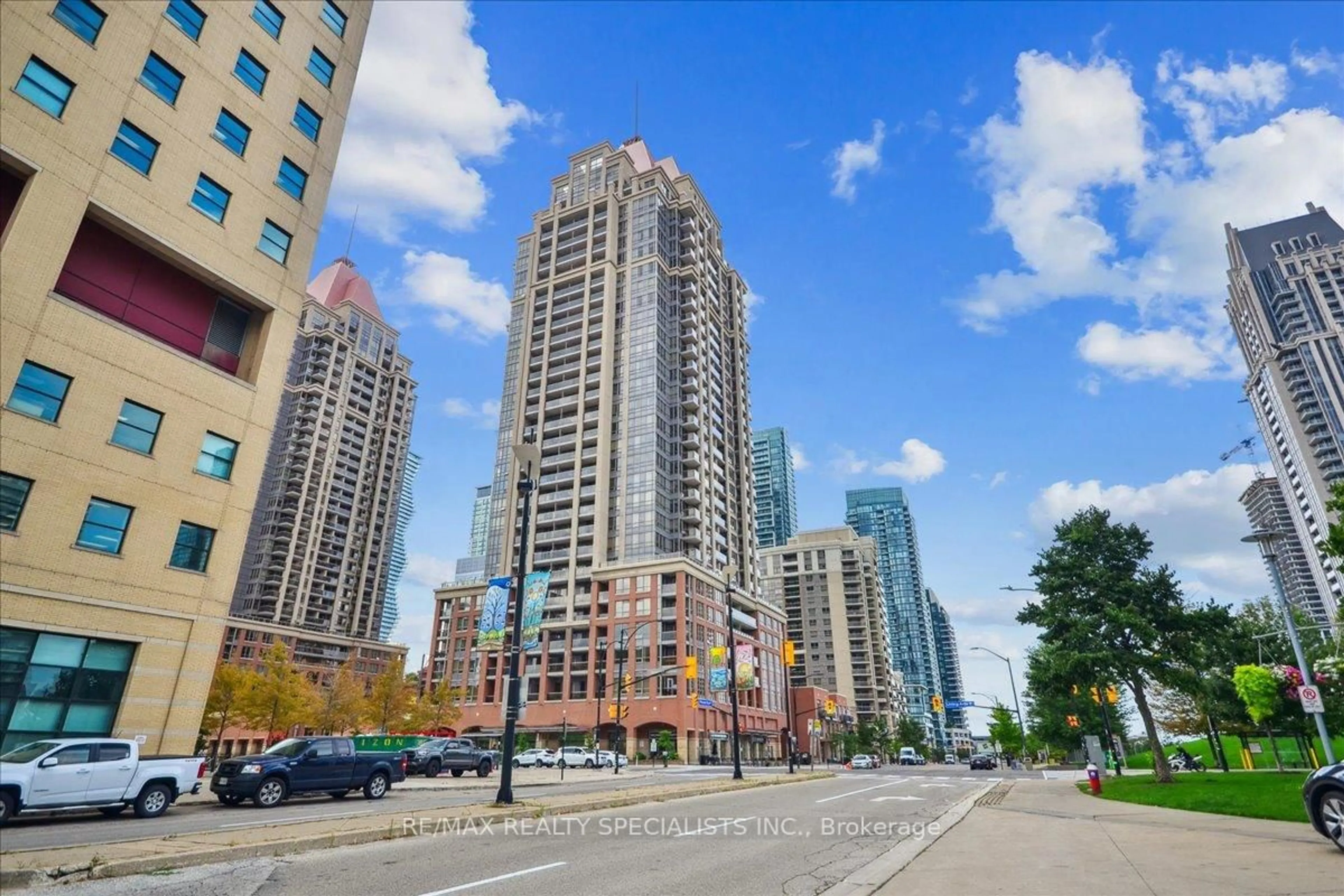 Patio, city buildings view from balcony for 330 Princess Royal Dr #319, Mississauga Ontario L5B 4P7
