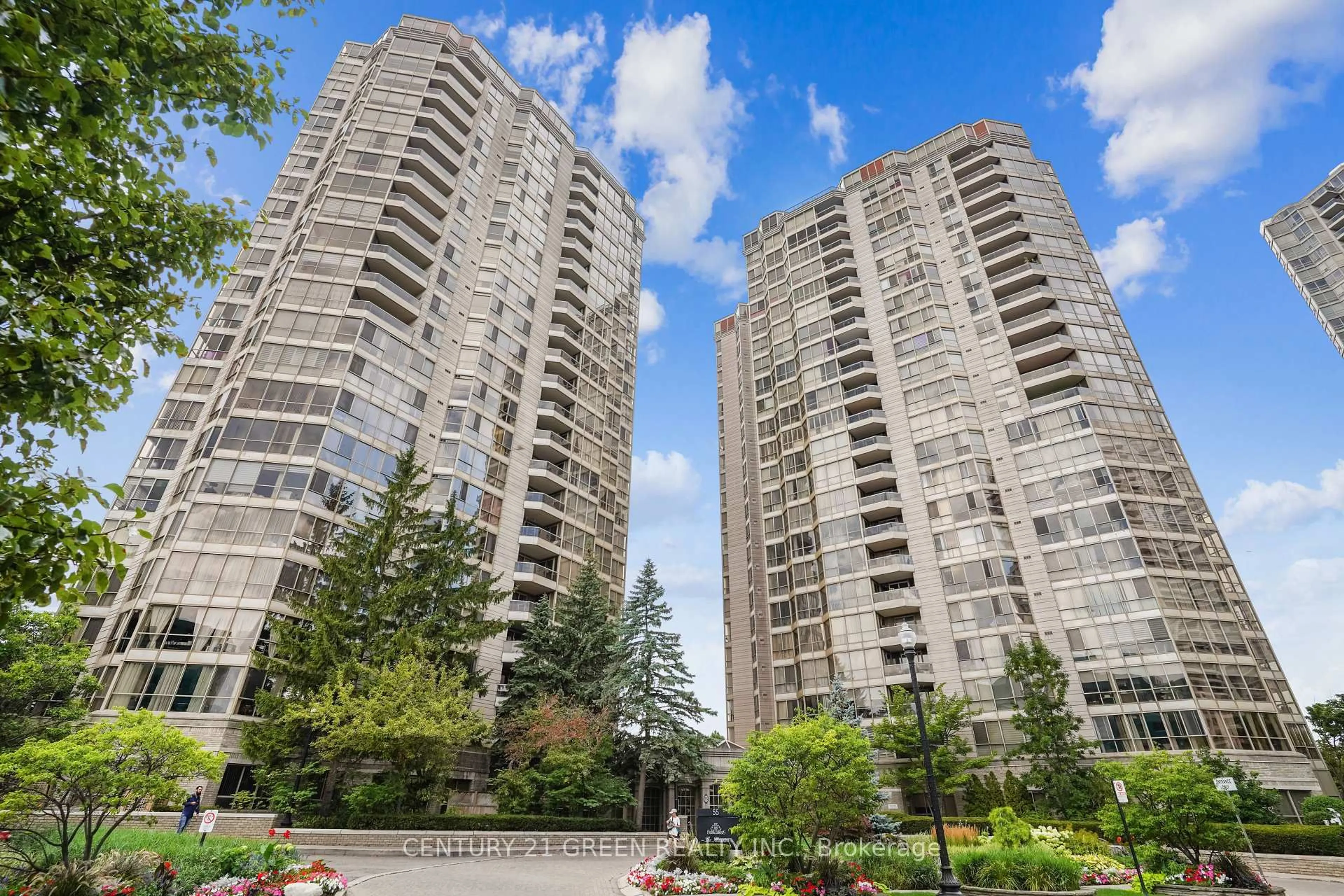 Patio, city buildings view from balcony for 55 Kingsbridge Garden Circ #613, Mississauga Ontario L5R 1Y1