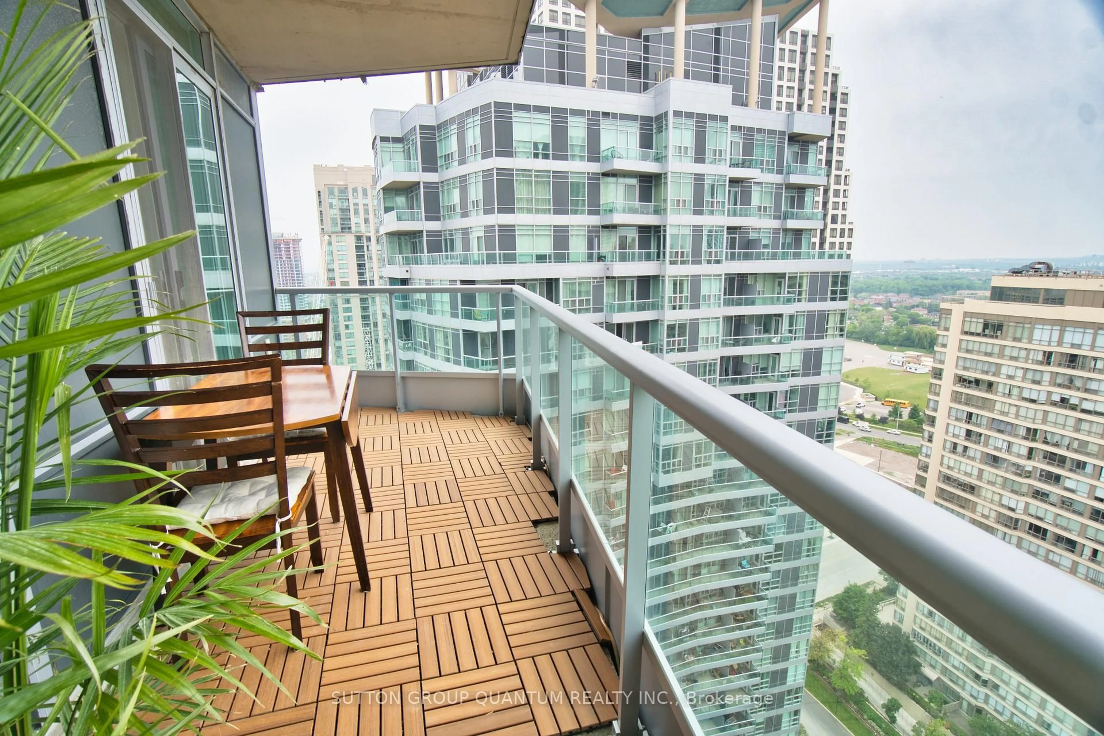 Balcony in the apartment, city buildings view from balcony for 1 Elm Dr #2705, Mississauga Ontario L5B 4M1