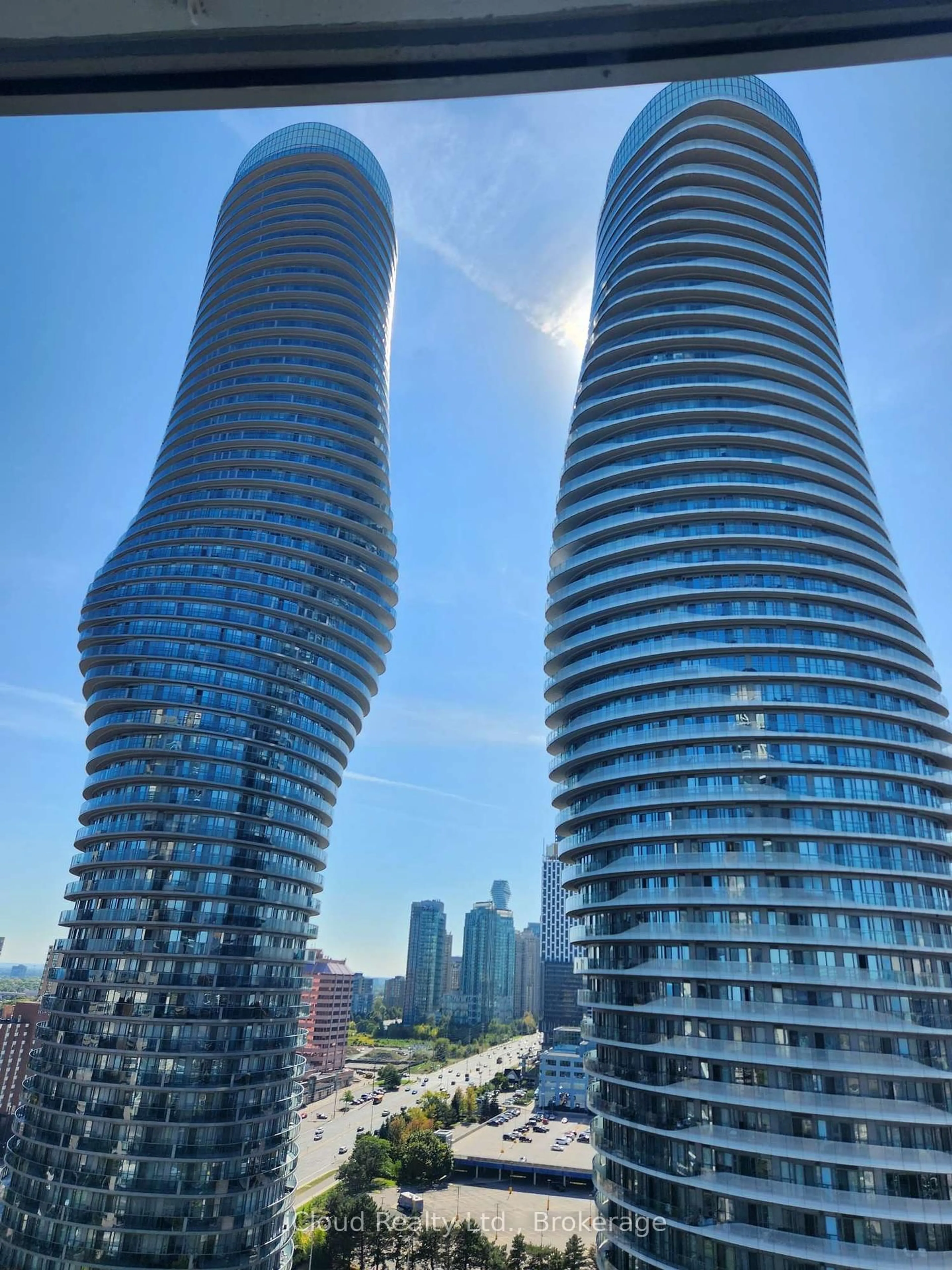 Balcony in the apartment, city buildings view from balcony for 80 Absolute Ave #1907, Mississauga Ontario L4Z 0A5