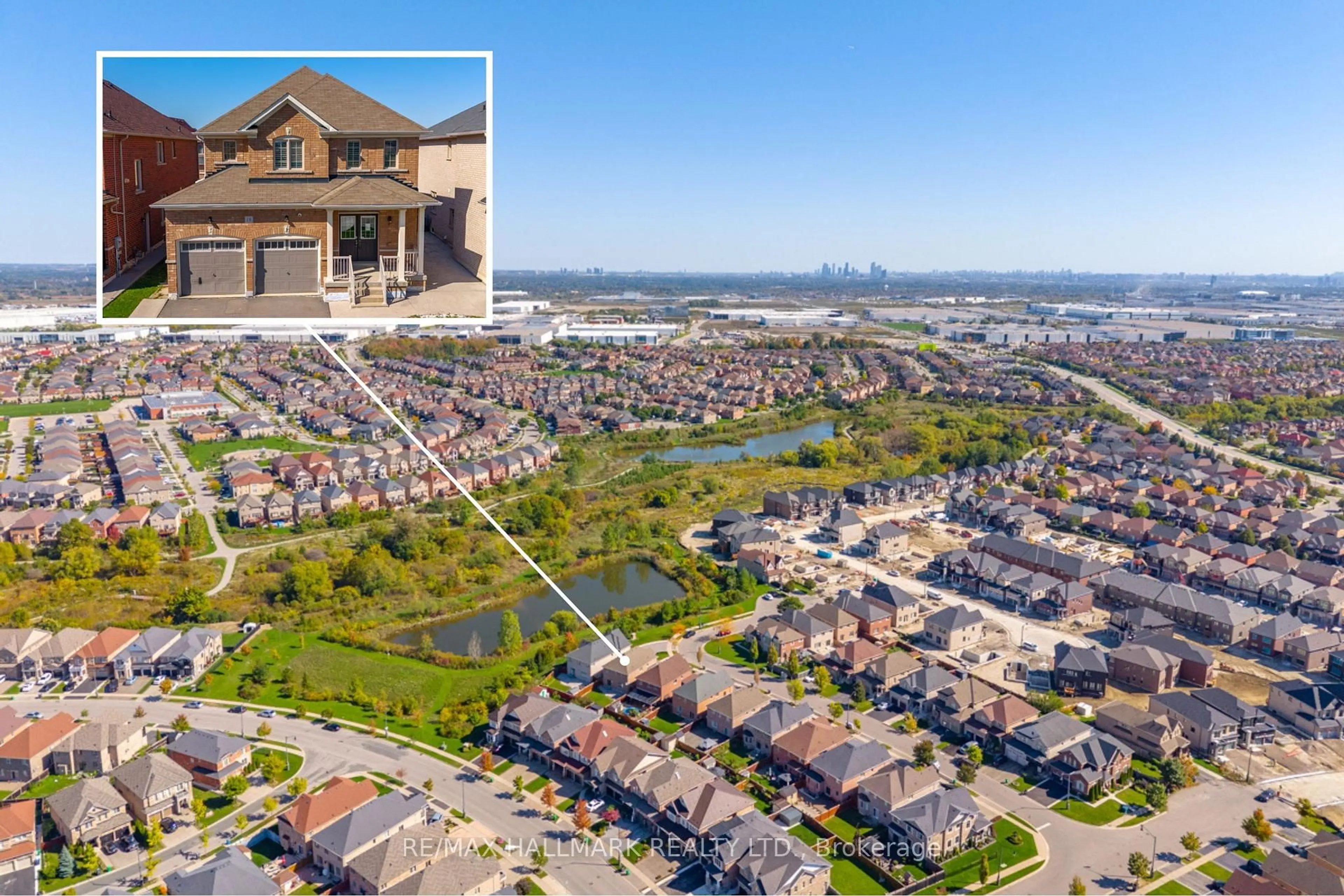 A pic from outside/outdoor area/front of a property/back of a property/a pic from drone, water/lake/river/ocean view for 18 Morrow Bay Dr, Brampton Ontario L6P 3T9