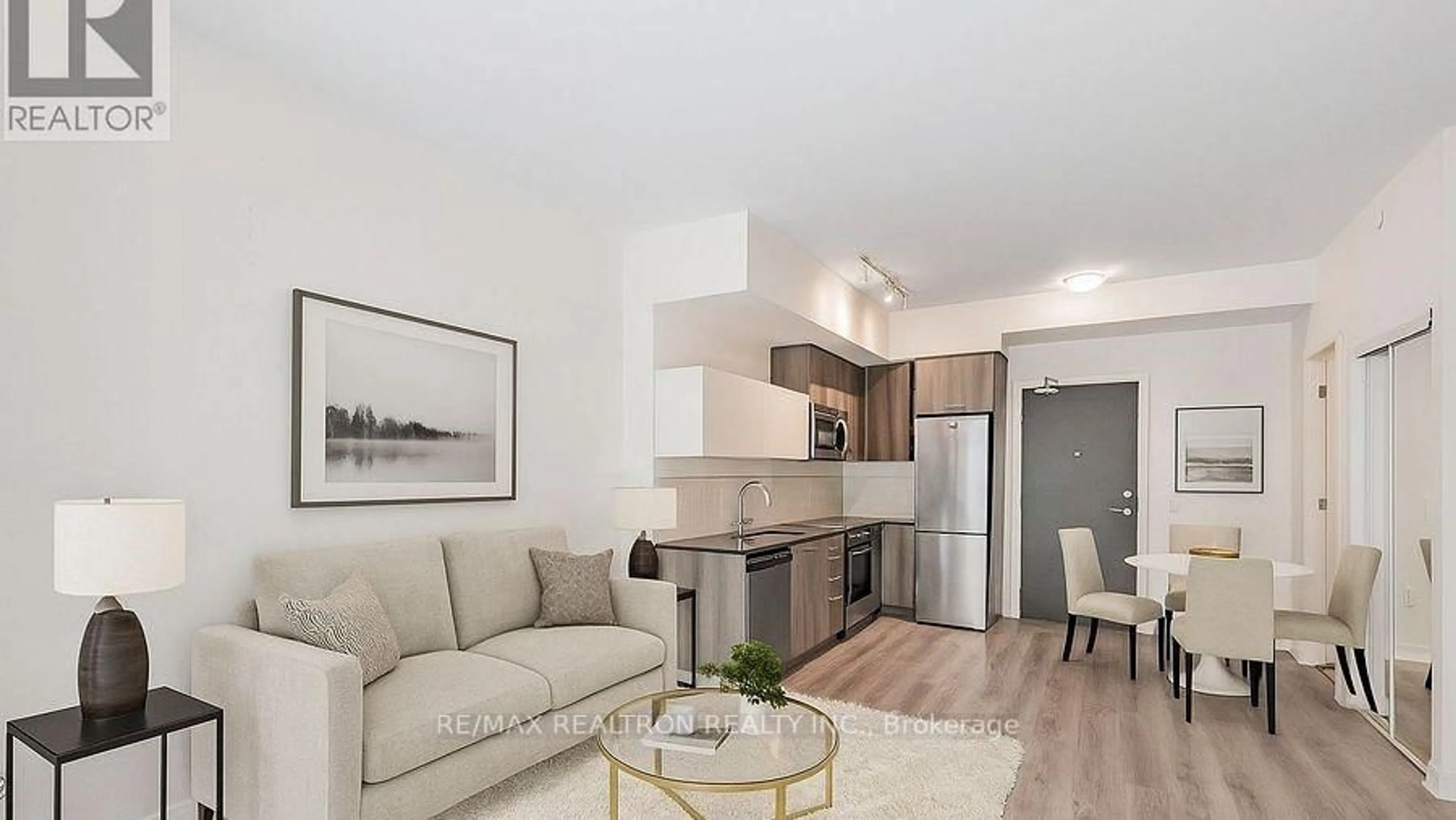 Living room with furniture, wood/laminate floor for 25 Neighbourhood Lane #205, Toronto Ontario M8Y 0C4