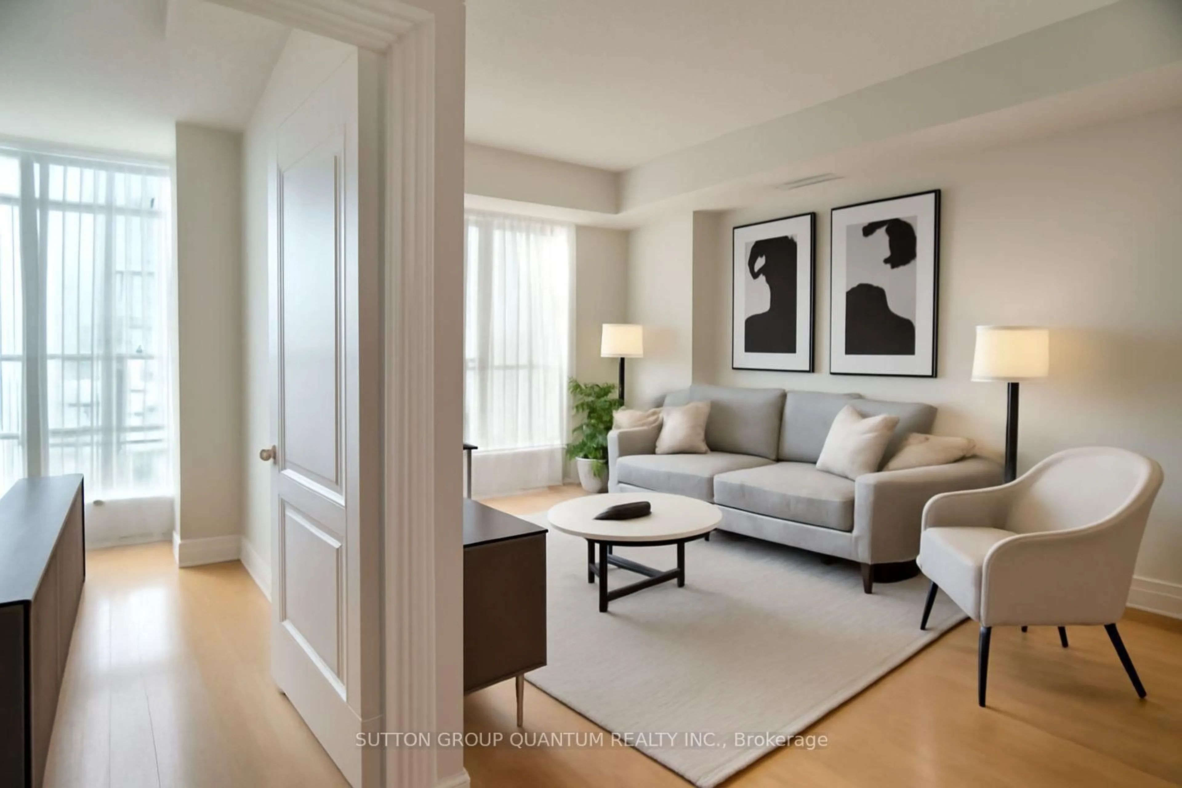 Living room with furniture, wood/laminate floor for 1 Elm Dr #2705, Mississauga Ontario L5B 4M1