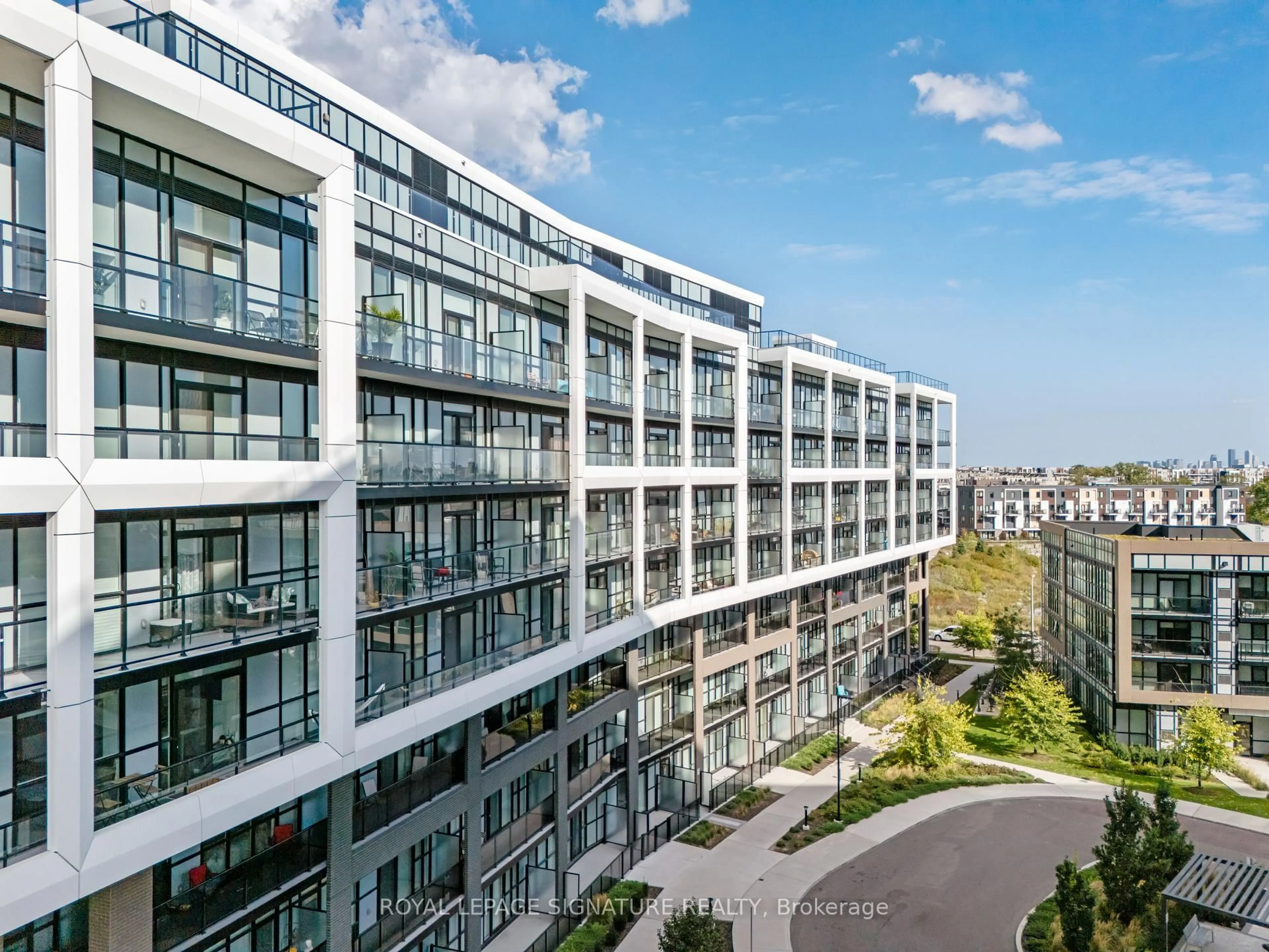 A pic from outside/outdoor area/front of a property/back of a property/a pic from drone, city buildings view from balcony for 60 George Butchart Dr #713, Toronto Ontario M3K 0E1