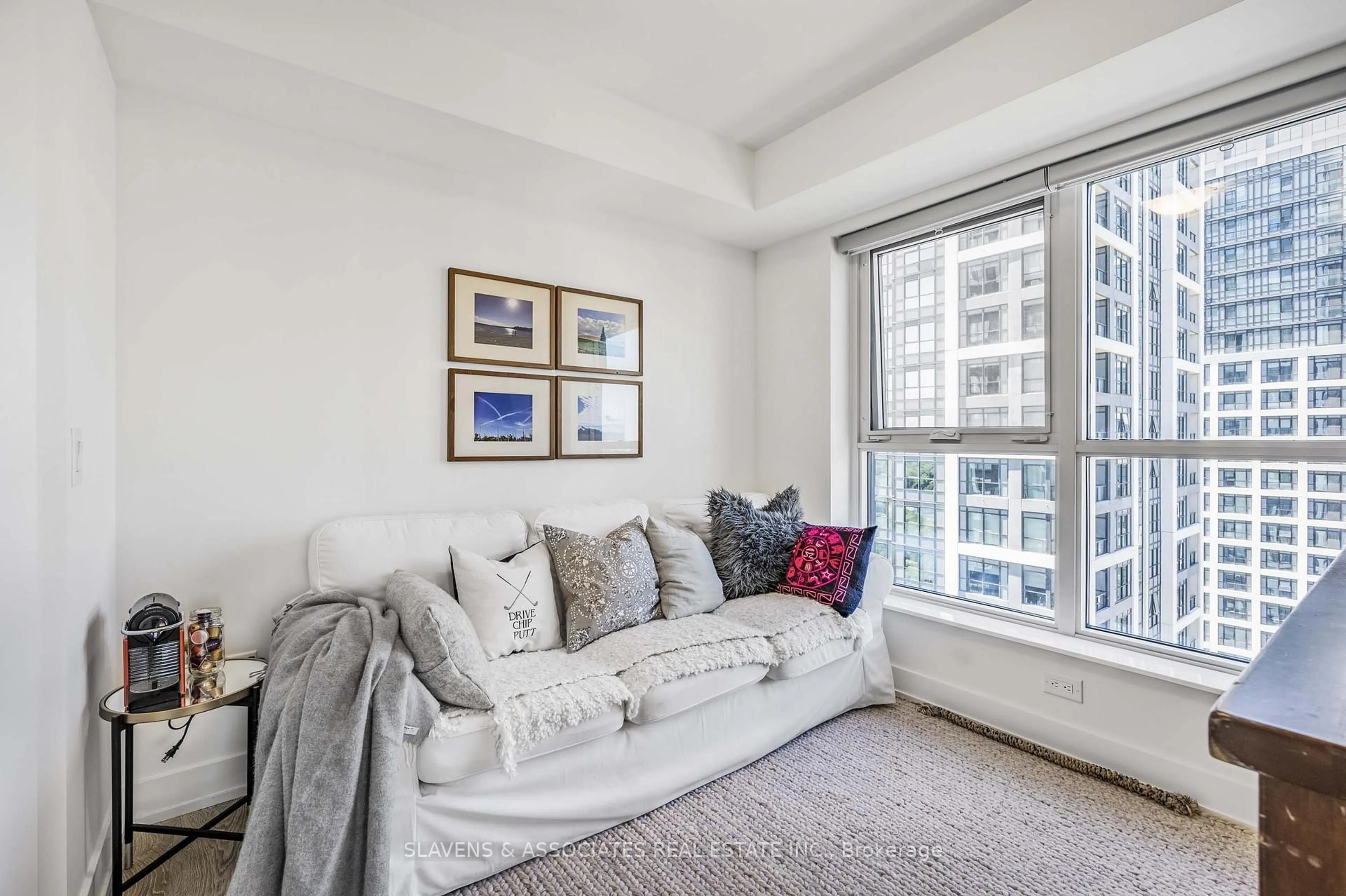 Living room with furniture, carpet floor for 5 Mabelle Ave #2633, Toronto Ontario M9A 0E1