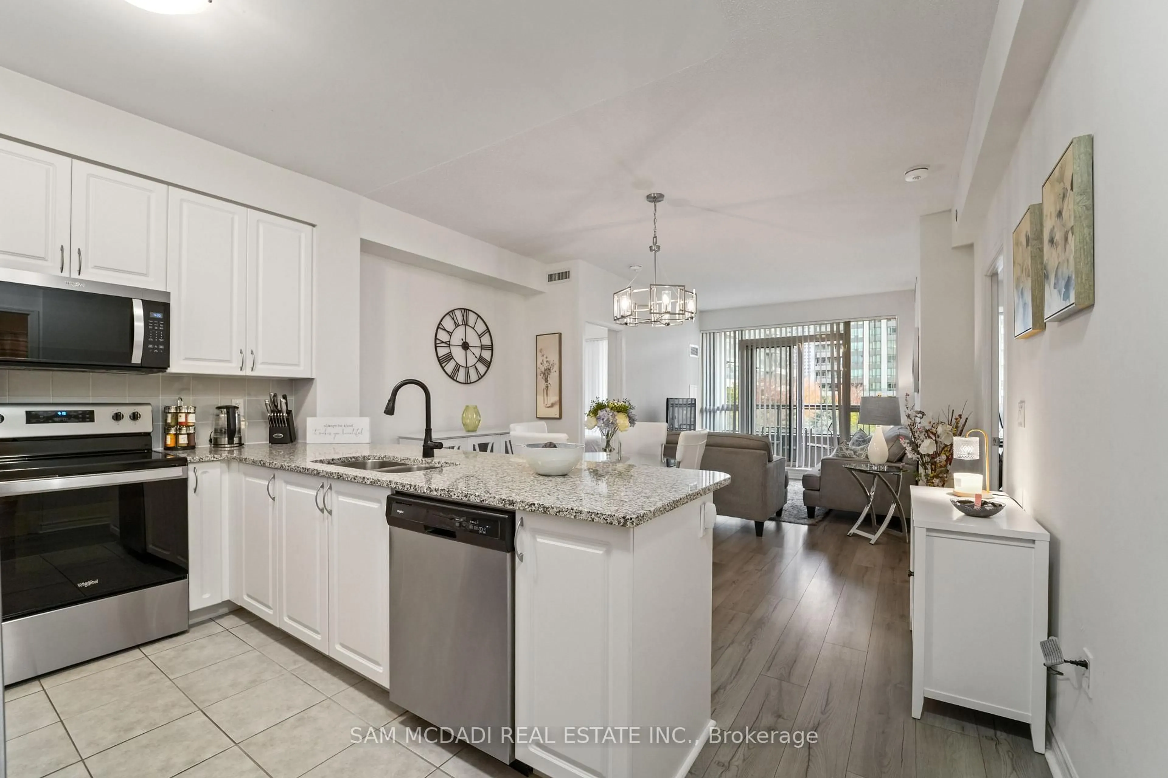 Open concept kitchen, ceramic/tile floor for 349 Rathburn Rd #207, Mississauga Ontario L5B 0G9