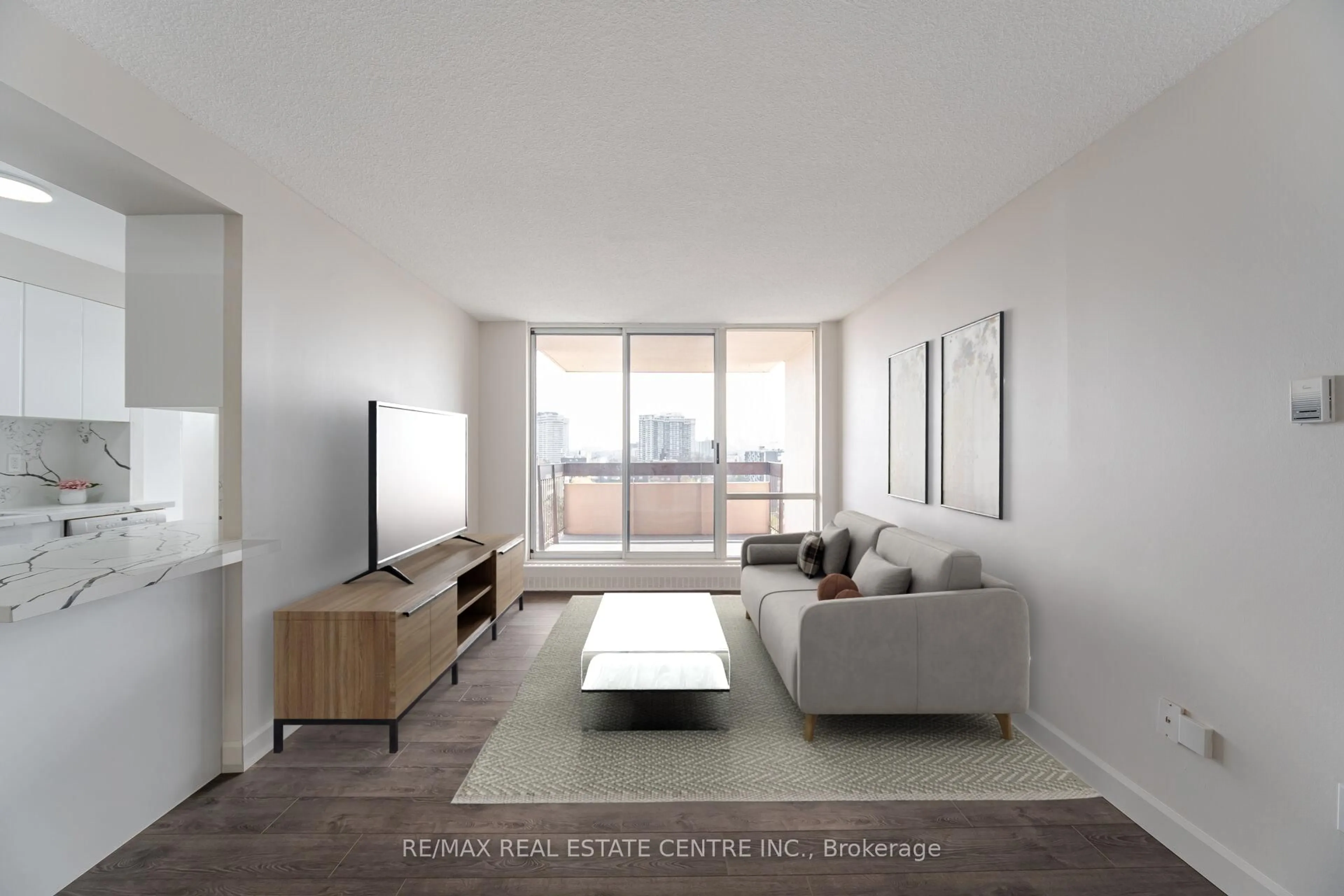 Living room with furniture, wood/laminate floor for 1615 Bloor St #1111, Mississauga Ontario L4X 1S2