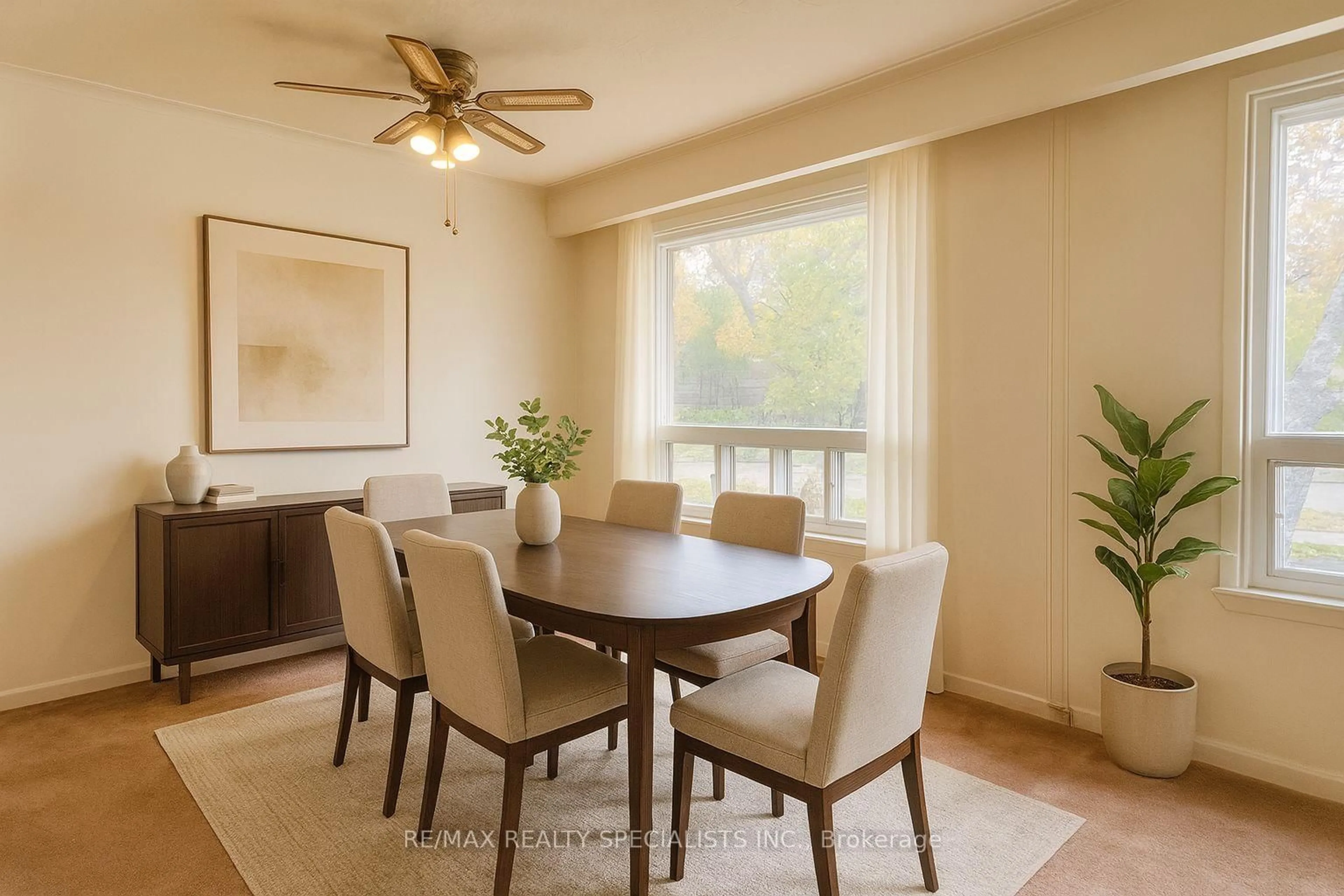 Dining room, wood/laminate floor for 58 Inverdon Rd, Toronto Ontario M9C 4L8
