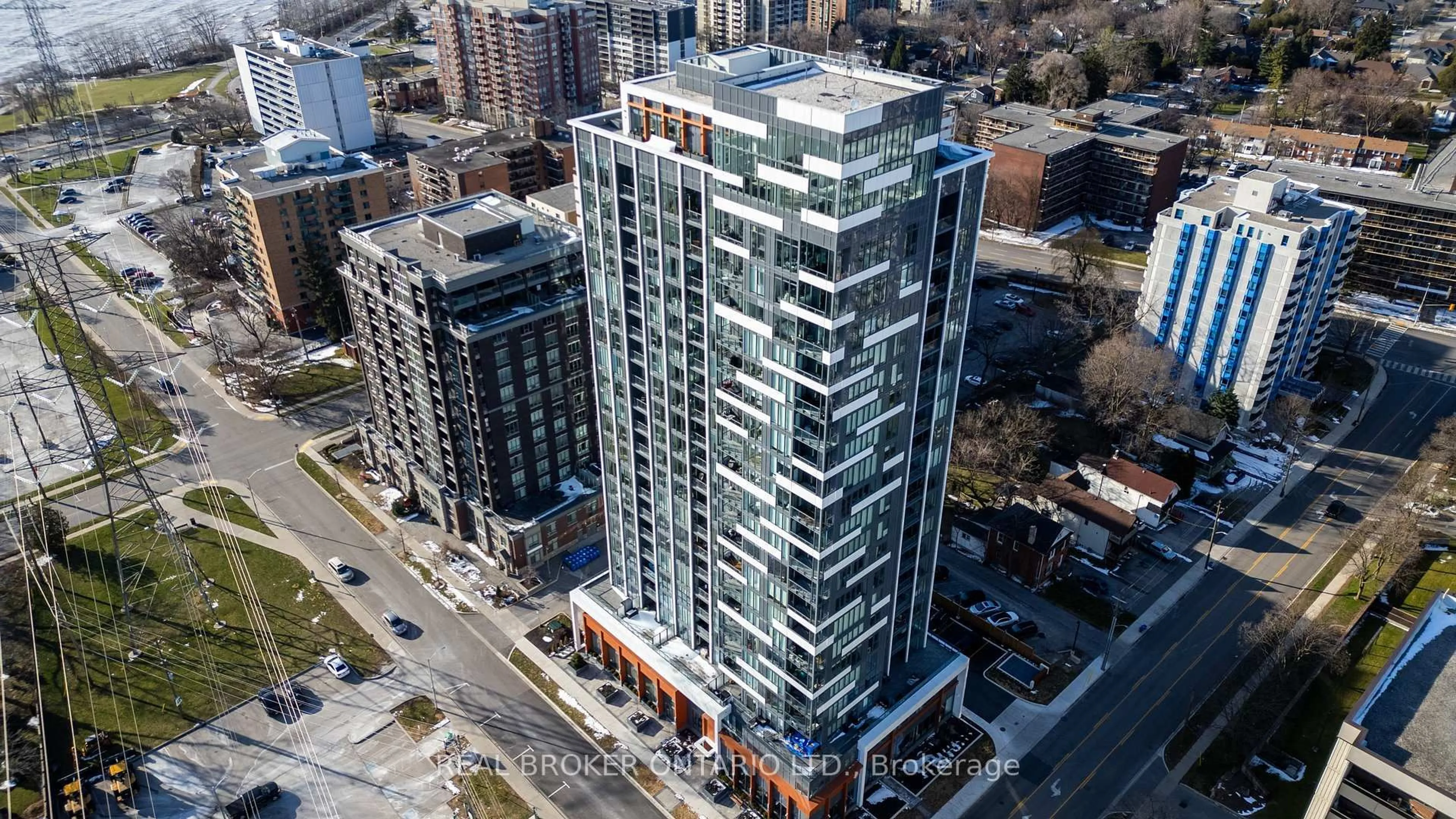 A pic from outside/outdoor area/front of a property/back of a property/a pic from drone, city buildings view from balcony for 500 Brock Ave #705, Burlington Ontario L7S 0A5